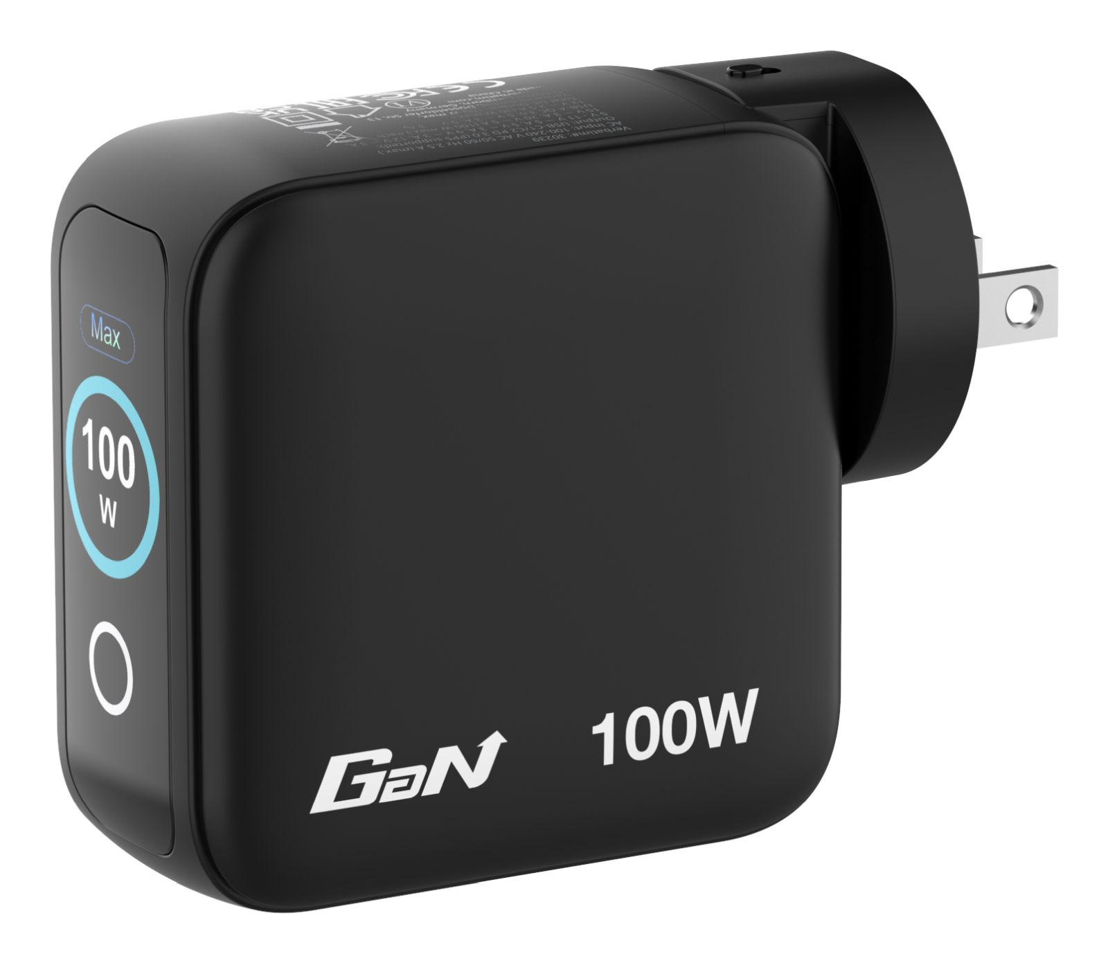 Schwarzes 100W GaN-Ladegerät mit Digitalanzeige, die 100W anzeigt.