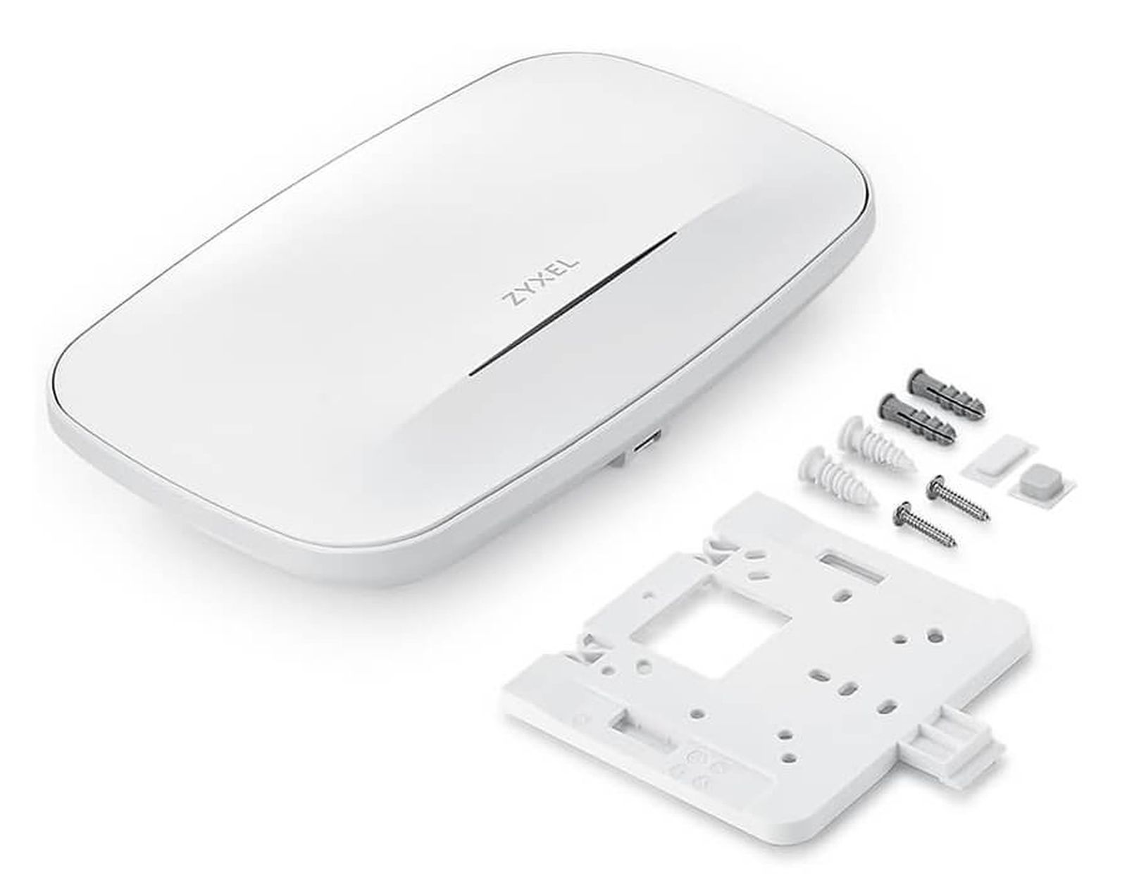 Un dispositivo Zyxel bianco con staffa di montaggio, viti e tasselli.