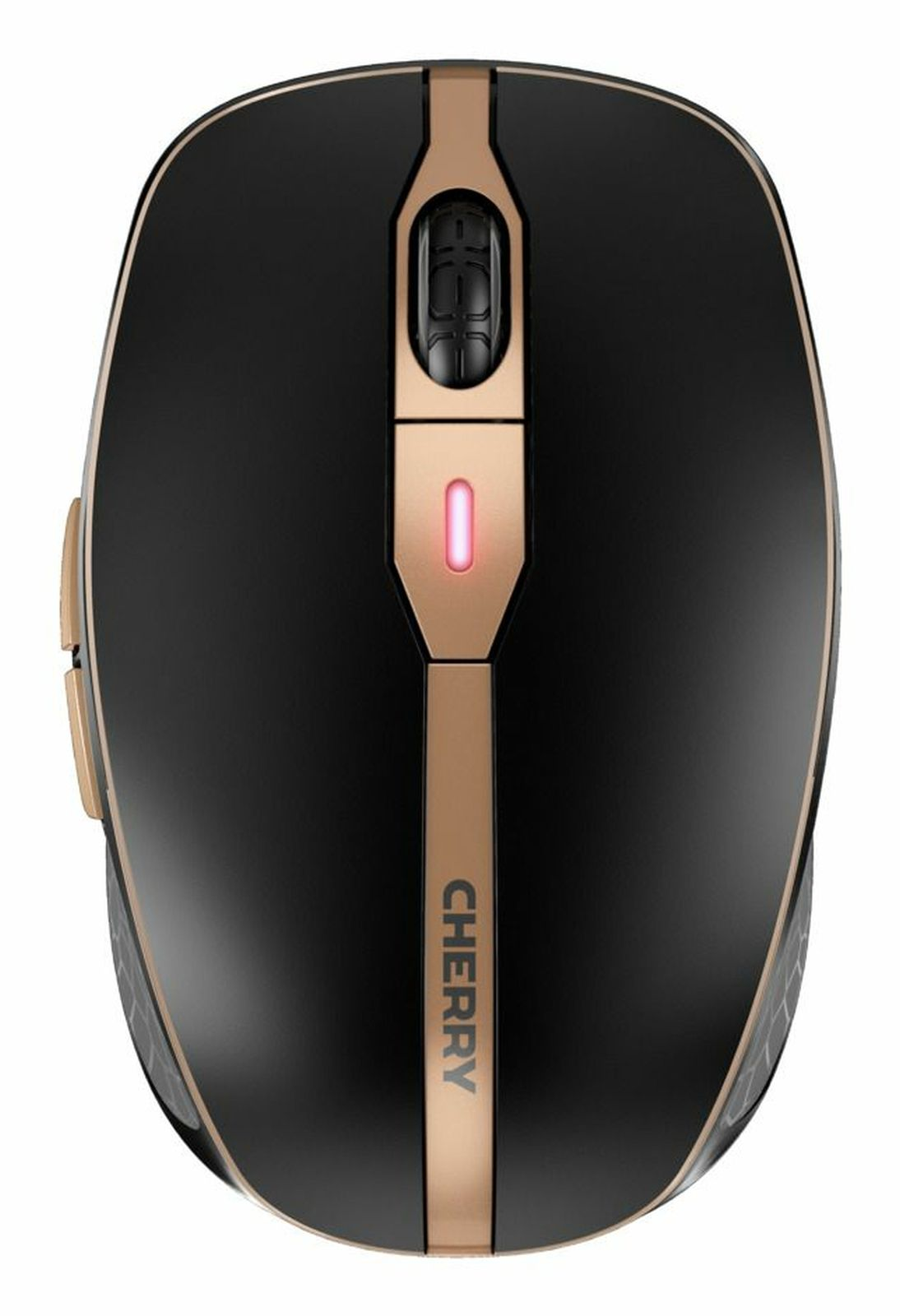 Mouse nero con accenti dorati, rotellina di scorrimento e luce rossa.