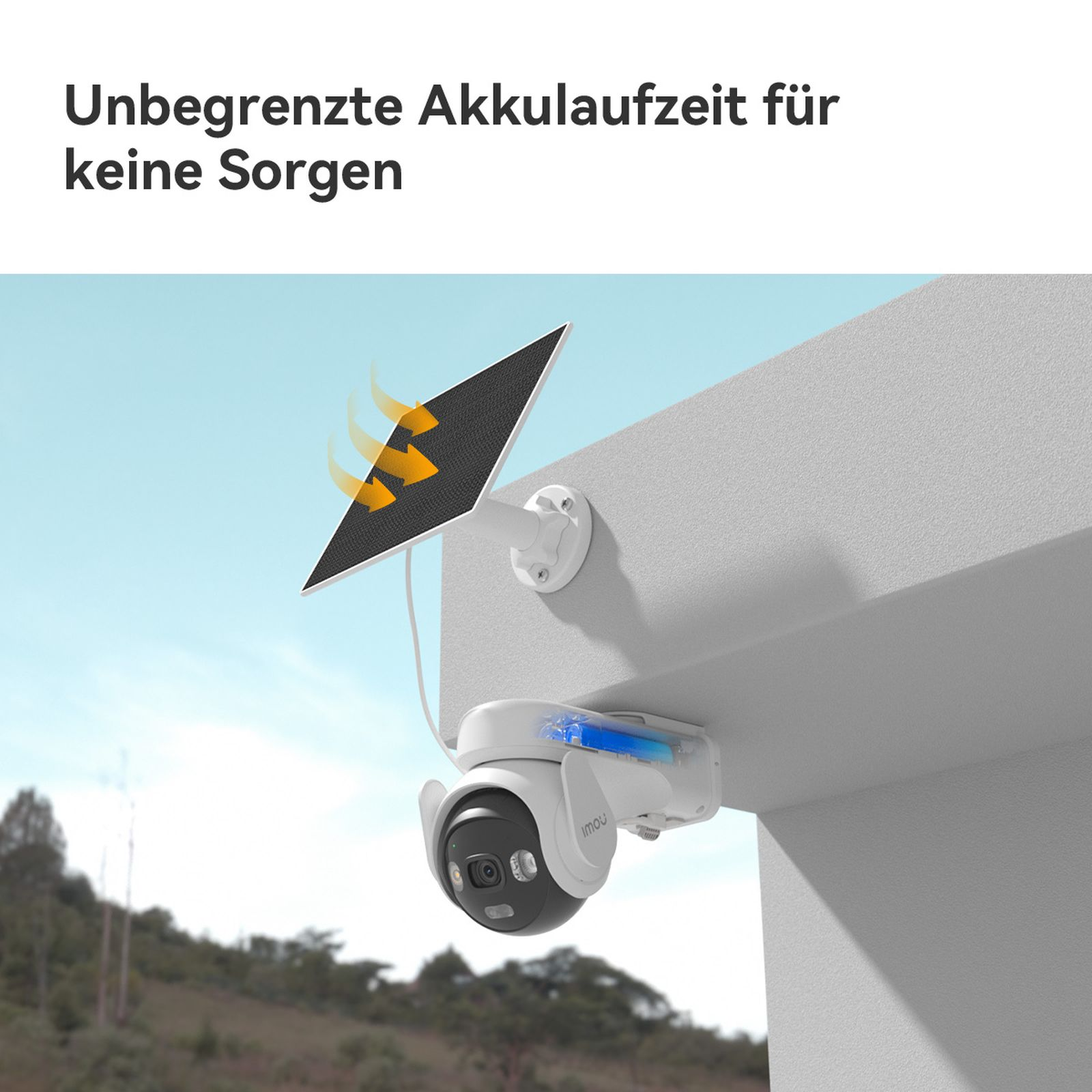 Kamera monitoringu z panelem słonecznym i niebieskim wskaźnikiem ładowania.