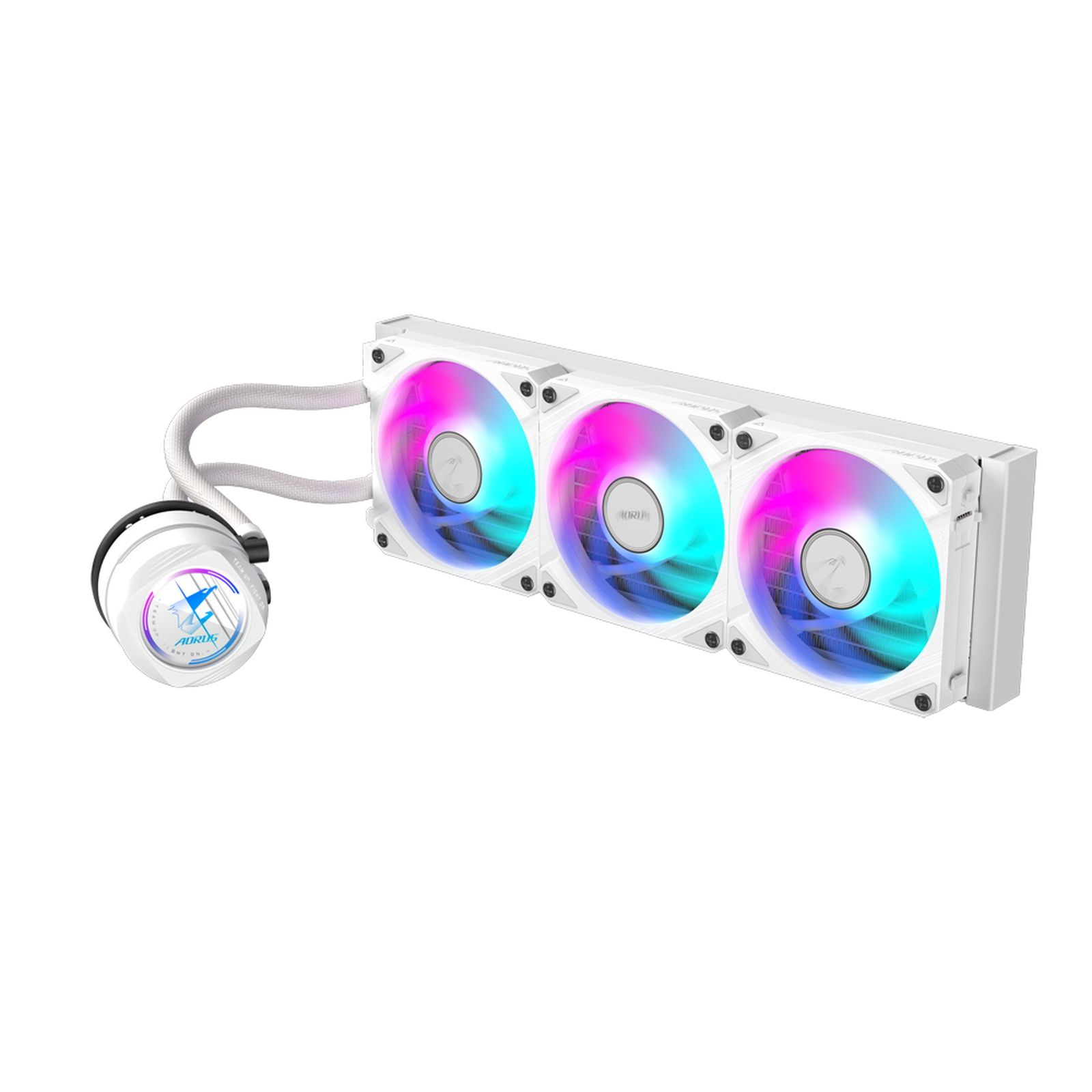Ein weißer CPU-Kühler mit drei RGB-Lüftern und einem runden Pumpengehäuse.