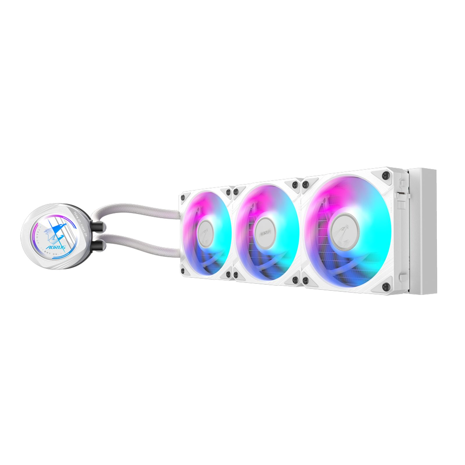 Weiße CPU-Wasserkühlung mit drei Lüftern mit RGB-Beleuchtung.