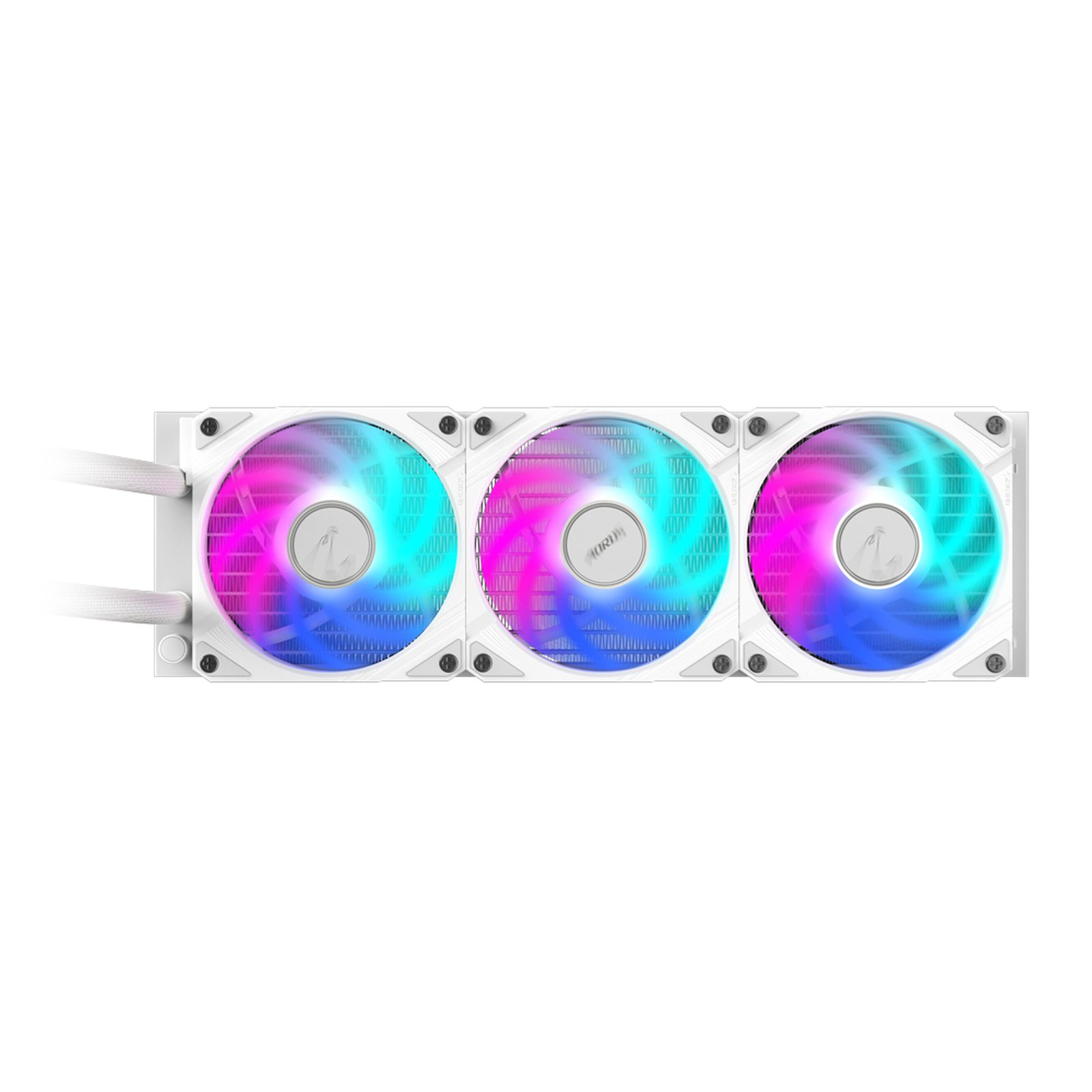 Drei weiße Lüfter mit RGB-Beleuchtung auf weißem Hintergrund.