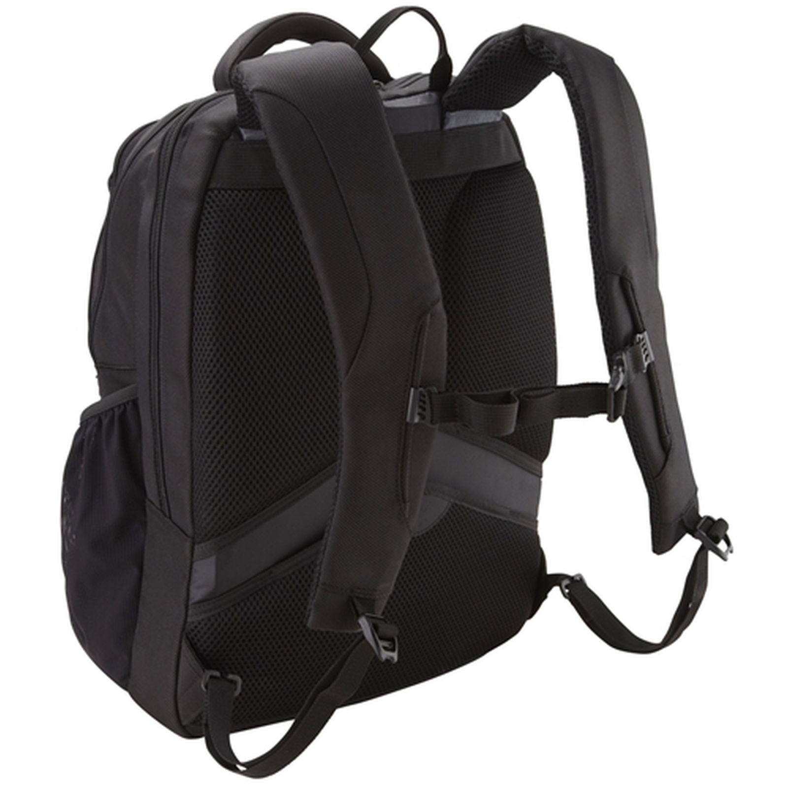 Schwarzer Rucksack mit gepolsterten Gurten und Netzrücken. Seitentasche sichtbar.