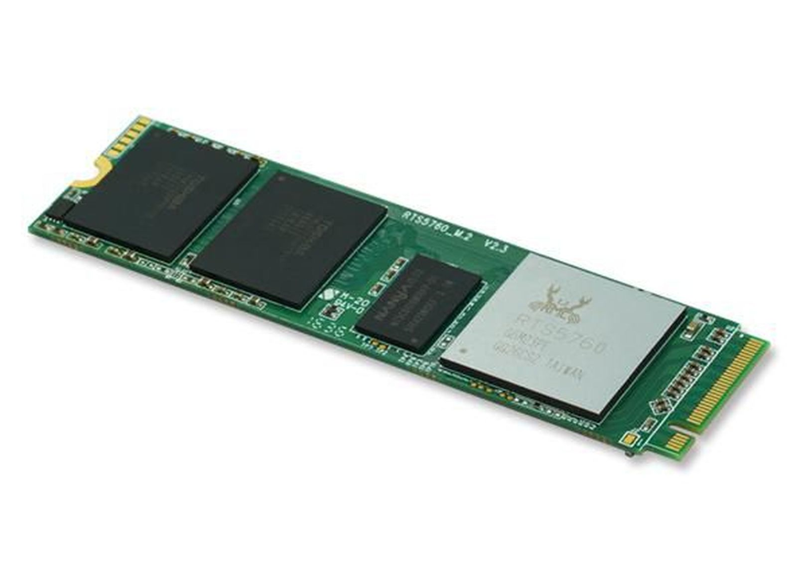 Un modulo di archiviazione SSD M.2 con scheda verde e chip neri.