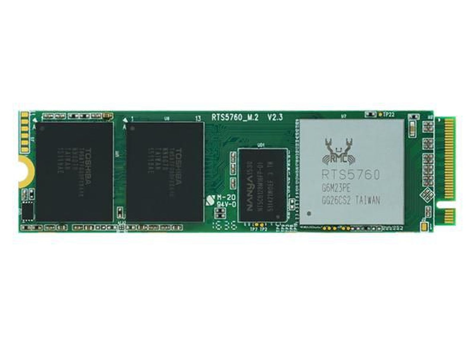 Un SSD M.2 verde con chip Toshiba e un chip controller RTS5760.