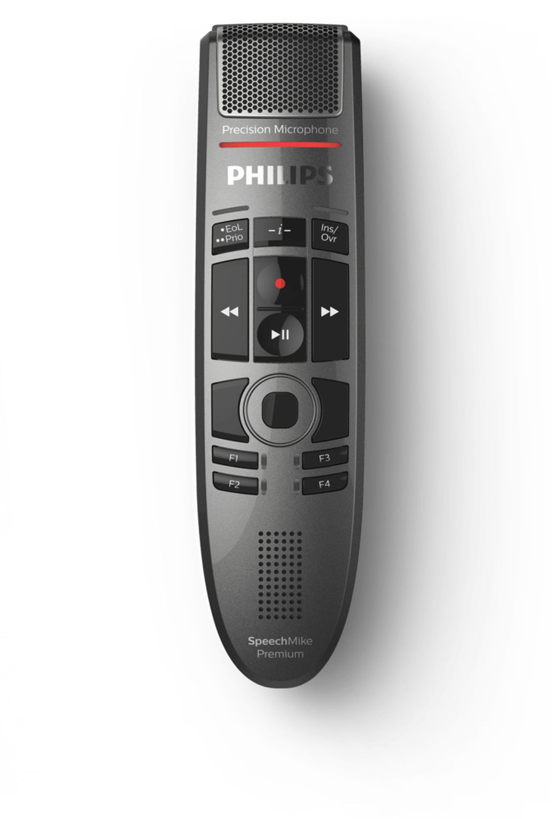 Un Philips SpeechMike Premium con pulsanti per registrare, riprodurre e funzioni.