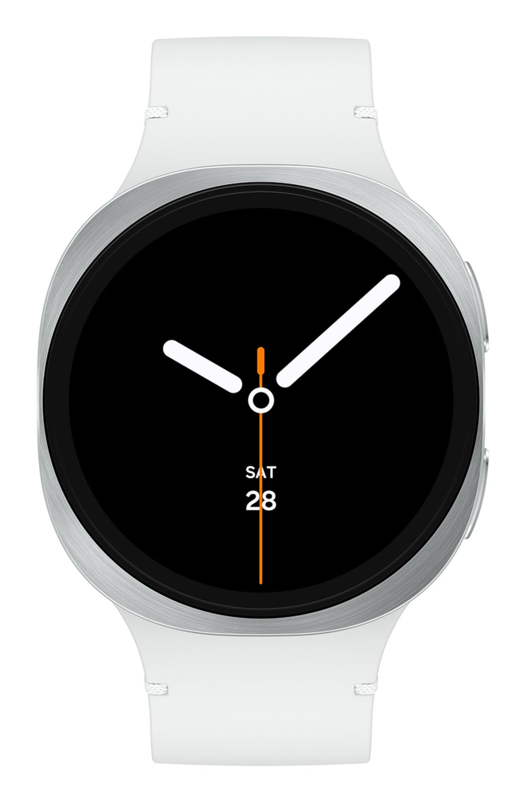 Biały smartwatch z czarnym ekranem pokazującym sobotę 28.
