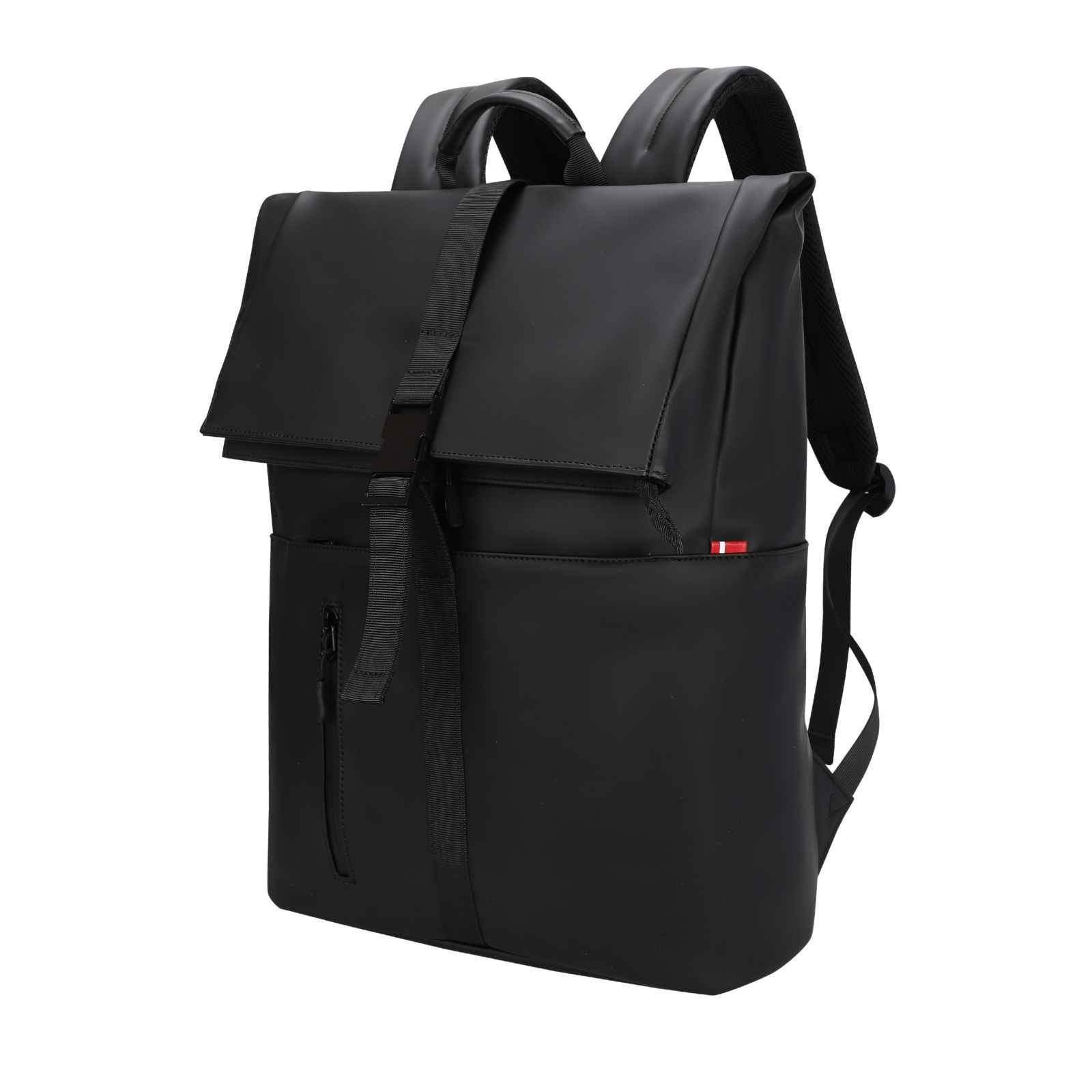 Zaino nero con cinghie regolabili e chiusura a fibbia.