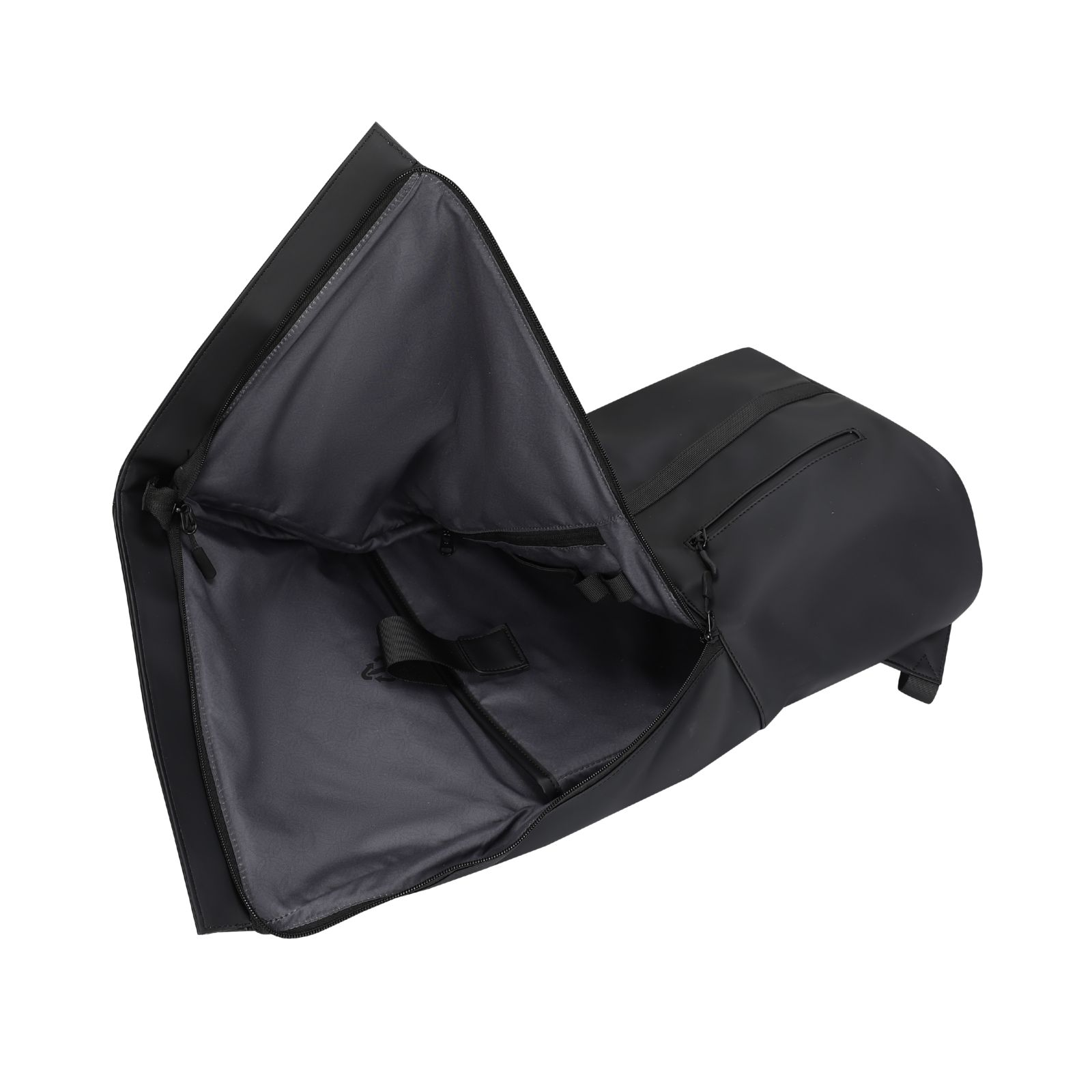 Zaino nero con scomparto principale aperto, che mostra due cerniere.