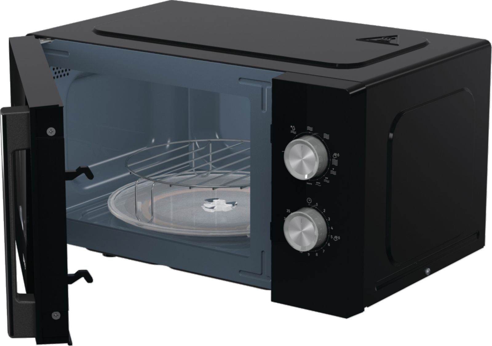 Schwarze Mikrowelle mit offener Tür, Drehteller und Grillrost im Inneren.