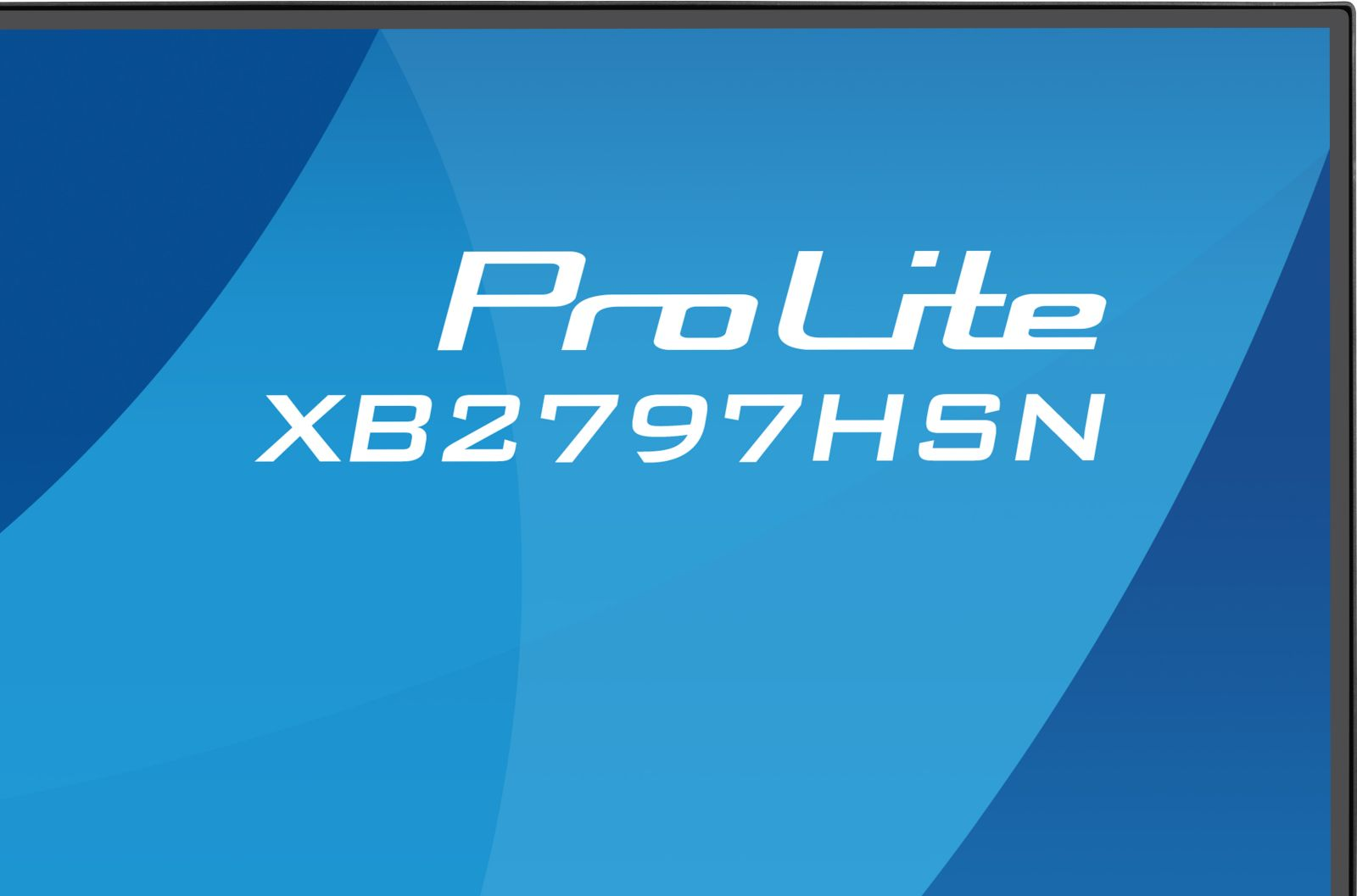 ProLite XB2797HSN na niebieskim tle z abstrakcyjnymi kształtami.