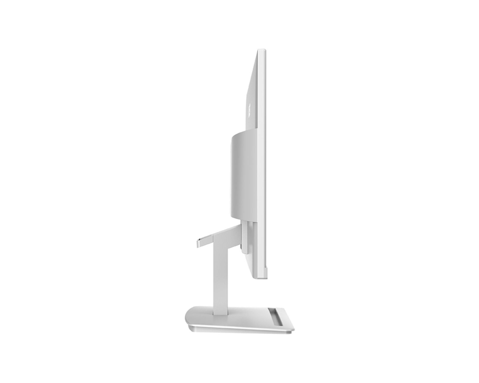 Biały monitor o eleganckim wyglądzie, widziany z boku.