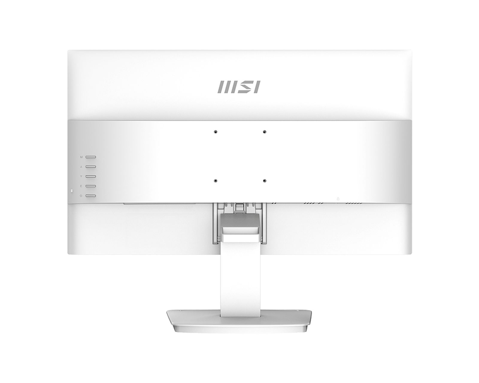Tył białego monitora MSI ze stojakiem. Na górze widoczne logo MSI.