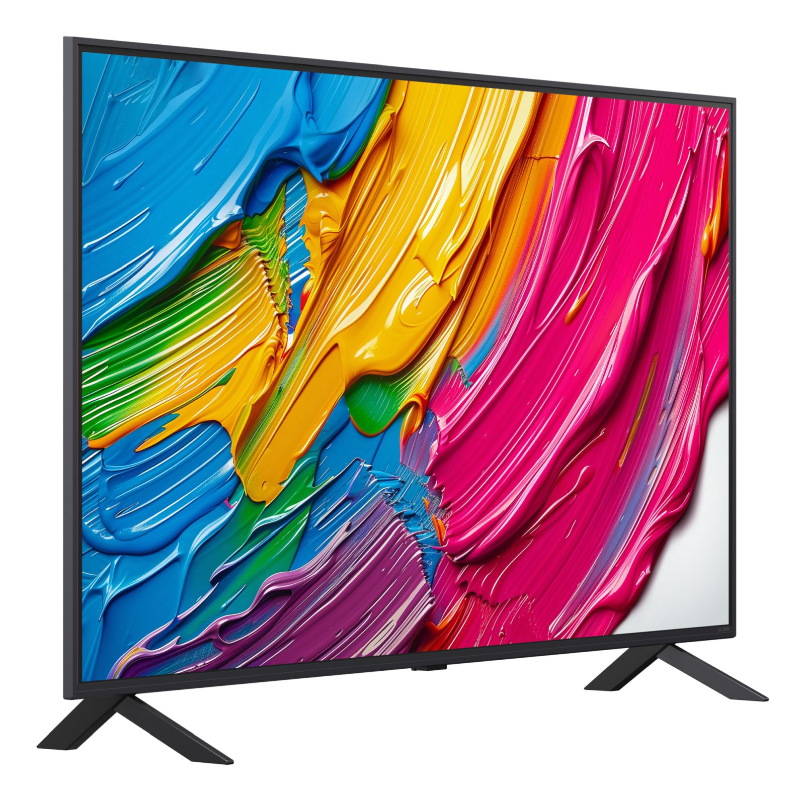 Un televisor negro muestra una imagen abstracta vibrante con pintura azul, amarilla, rosa y verde.