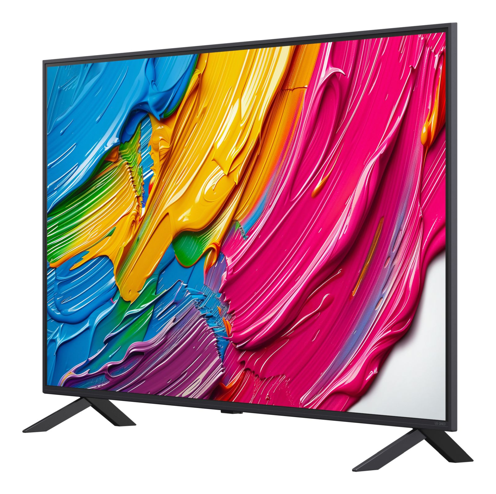 Un televisor negro que muestra una imagen abstracta colorida en pantalla.