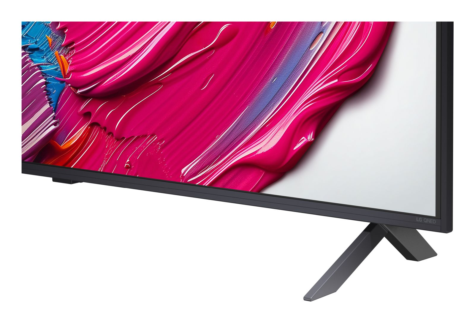 Un televisor LG QNED con arte abstracto y colorido y base oscura.