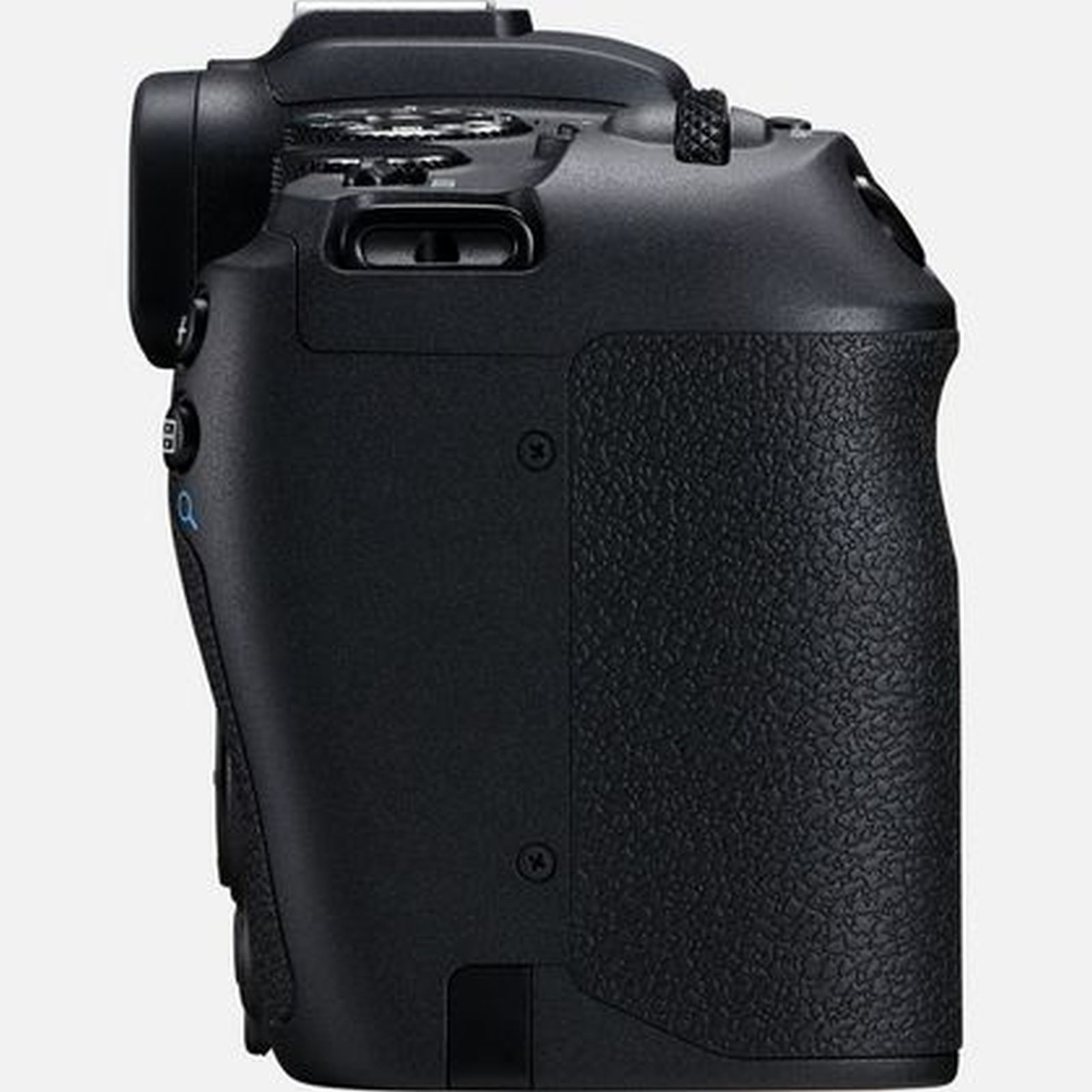 A black digital camera with a textured grip area, side view.