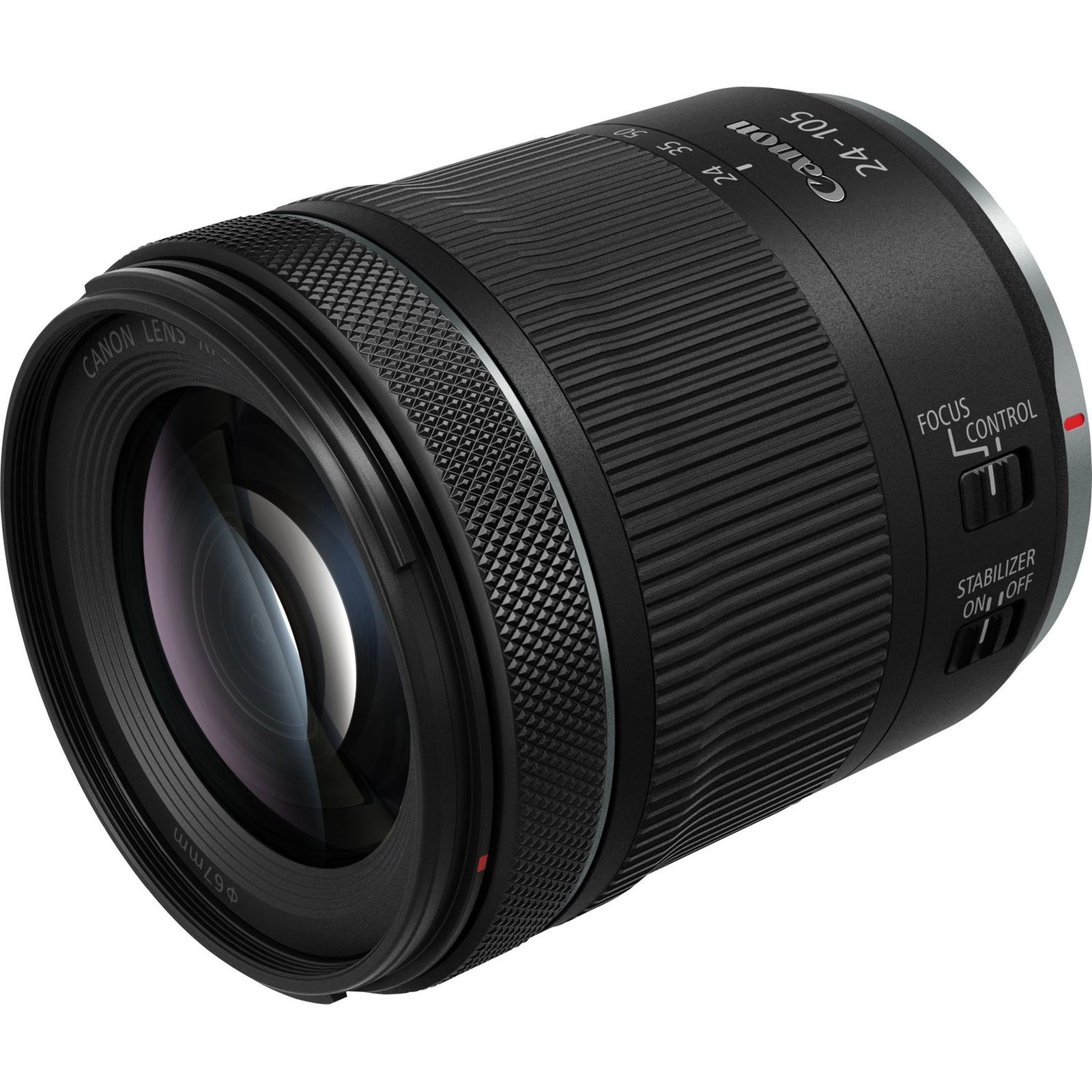 Black Canon RF 24-105mm F4 L IS USM lens with focus and stabilizer switches.