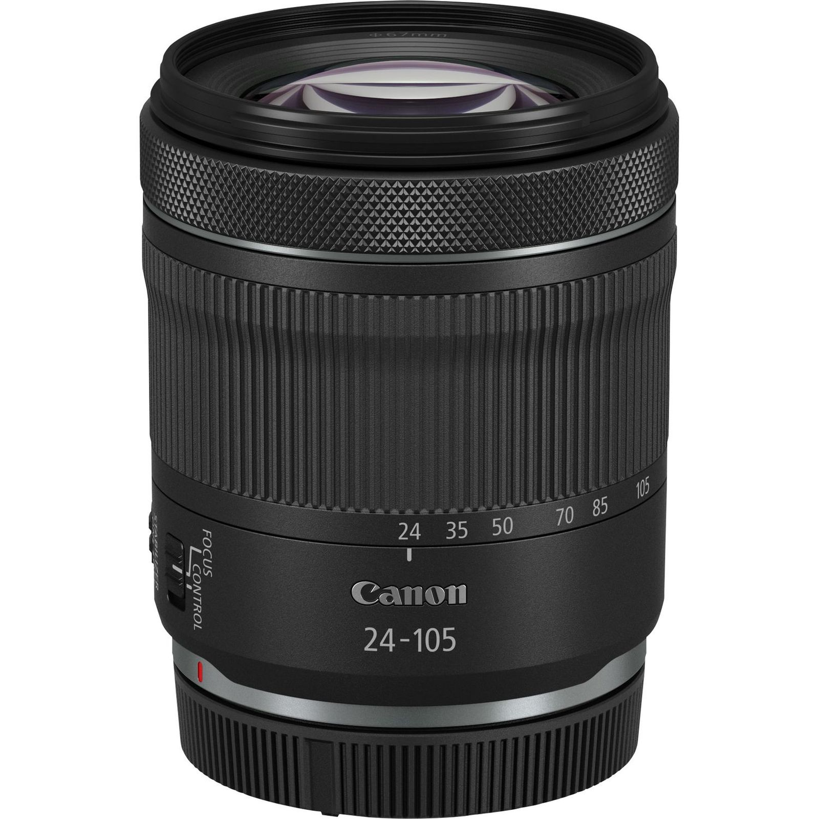 A black Canon 24-105mm lens with focus and zoom rings.