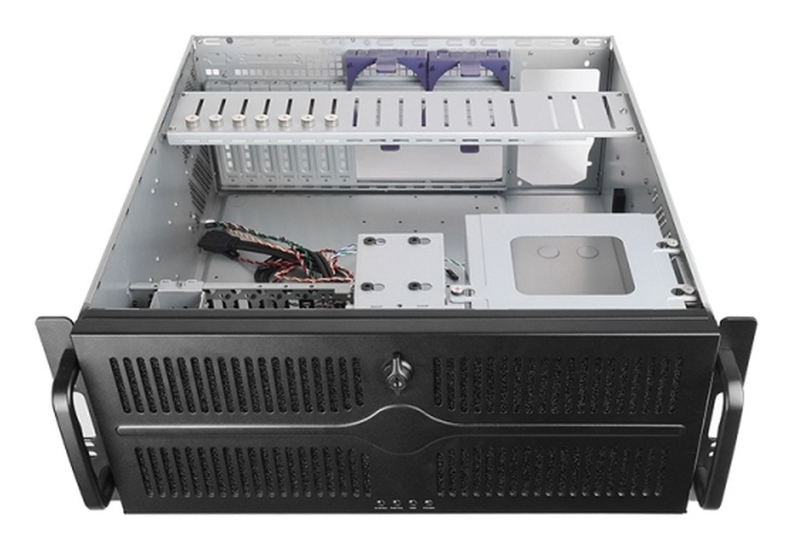 Un telaio vuoto per chassis server con maniglie e cavi.