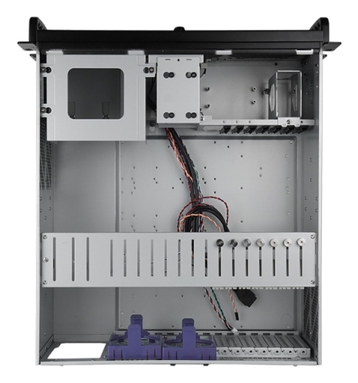 Case del computer aperto con componenti interni, cavi e staffe.