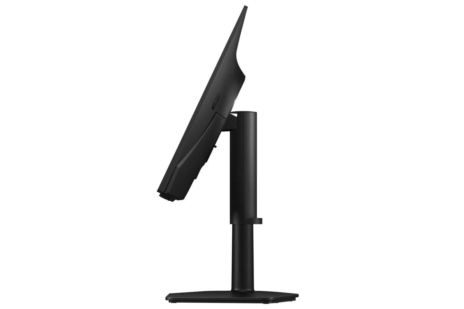 Een zwarte computermonitor op een slanke standaard, van opzij gezien.