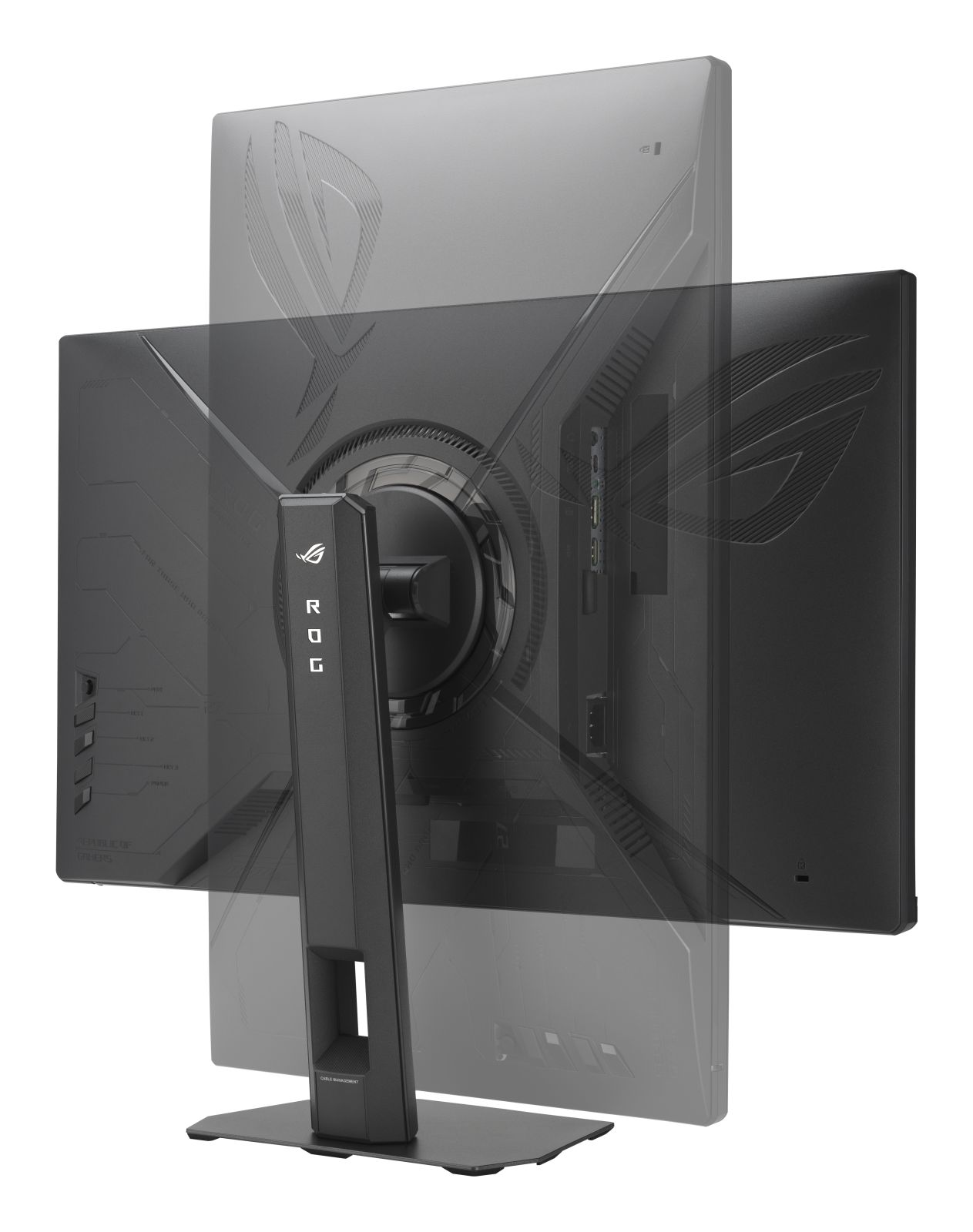 Achterkant van een zwarte gamingmonitor met poorten en standaard. ROG-logo zichtbaar.