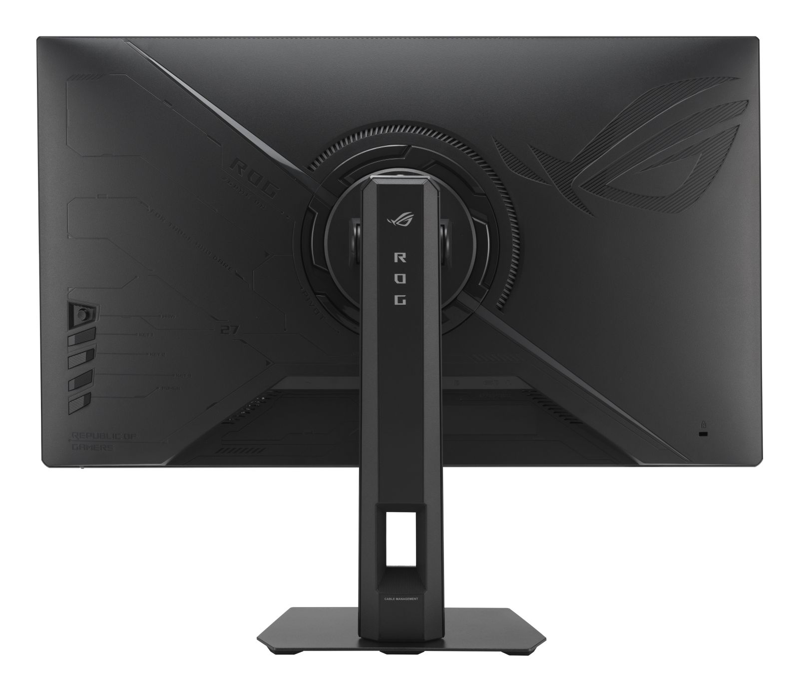 Achterkant van een zwarte ROG gaming monitor met standaard, "ROG"-logo en "REPUBLIC OF GAMERS" tekst.