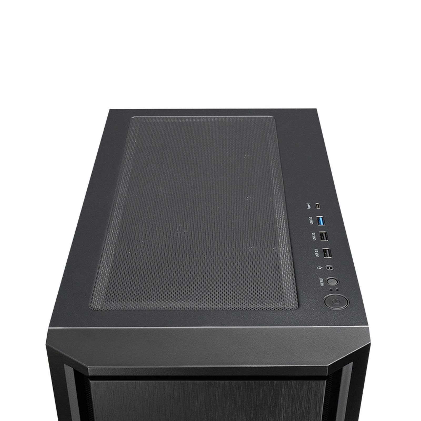 Oben Ansicht eines schwarzen Computergehäuses mit Lüftungsgitter und Anschlüssen.