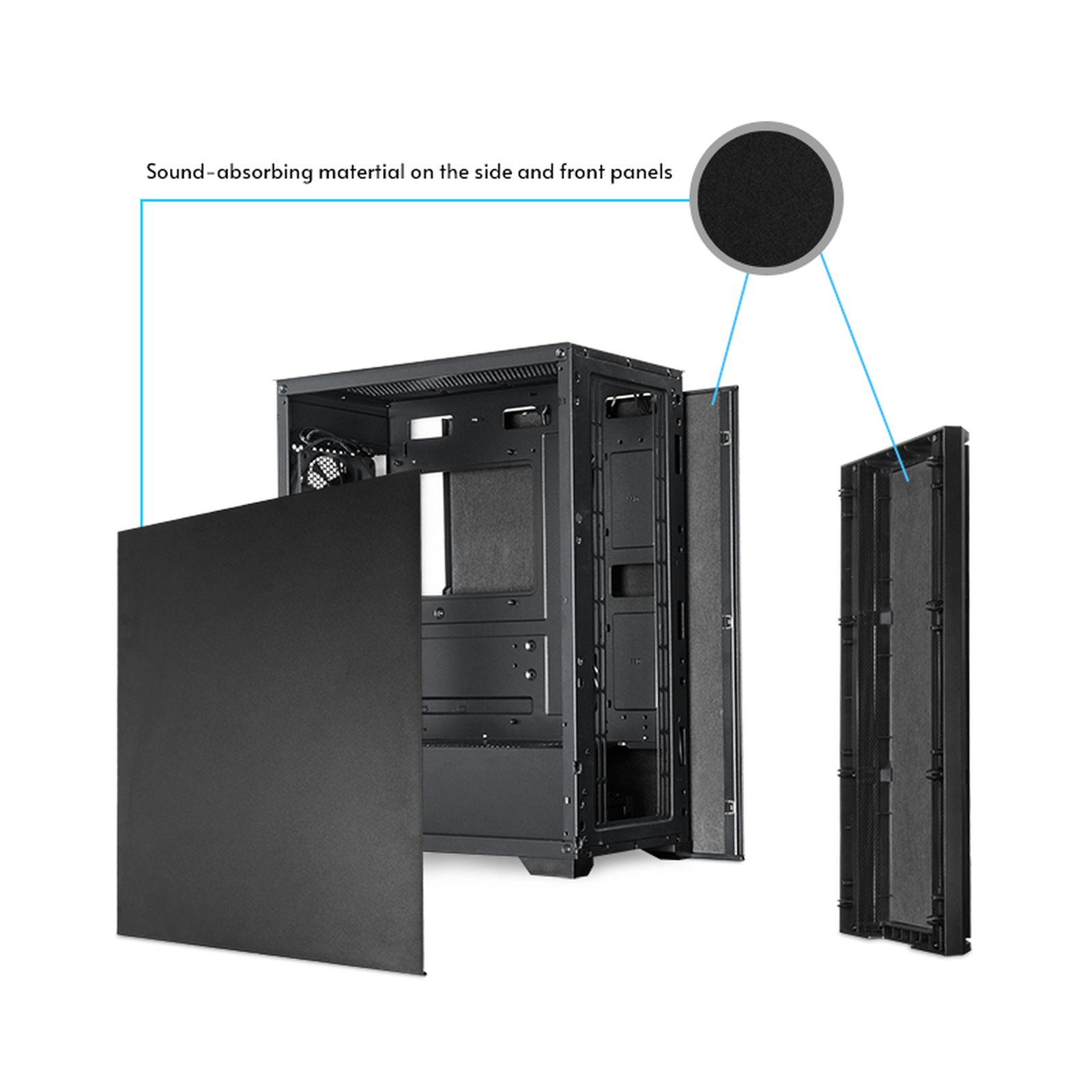 Ein schwarzes Computergehäuse mit abgenommenen Seitenwänden, die schallabsorbierendes Material zeigen.