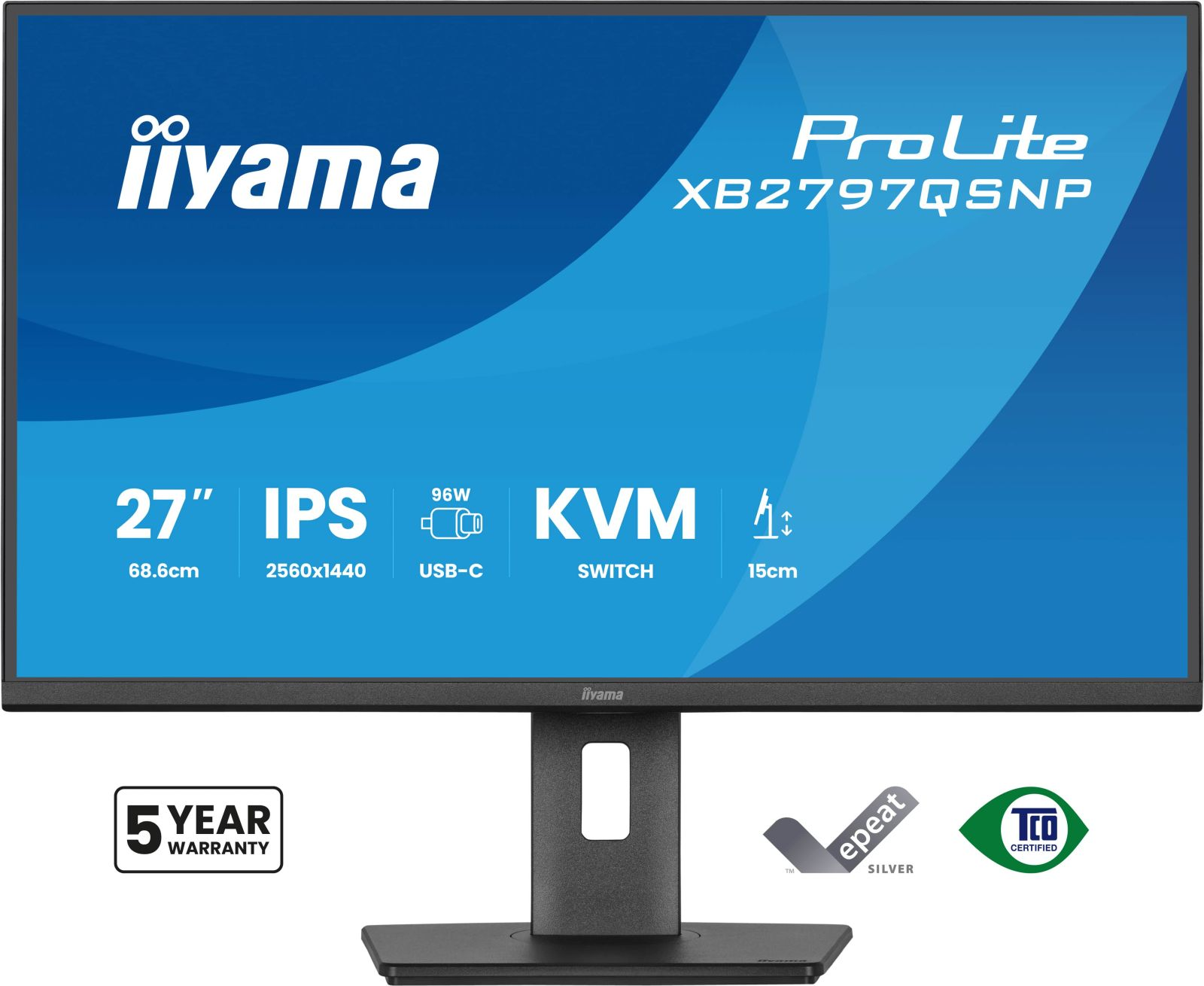 Iiyama Prolite Monitor: 27" IPS, 2560x1440, 96W USB-C, KVM-Switch, 15cm Höhenverstellung.