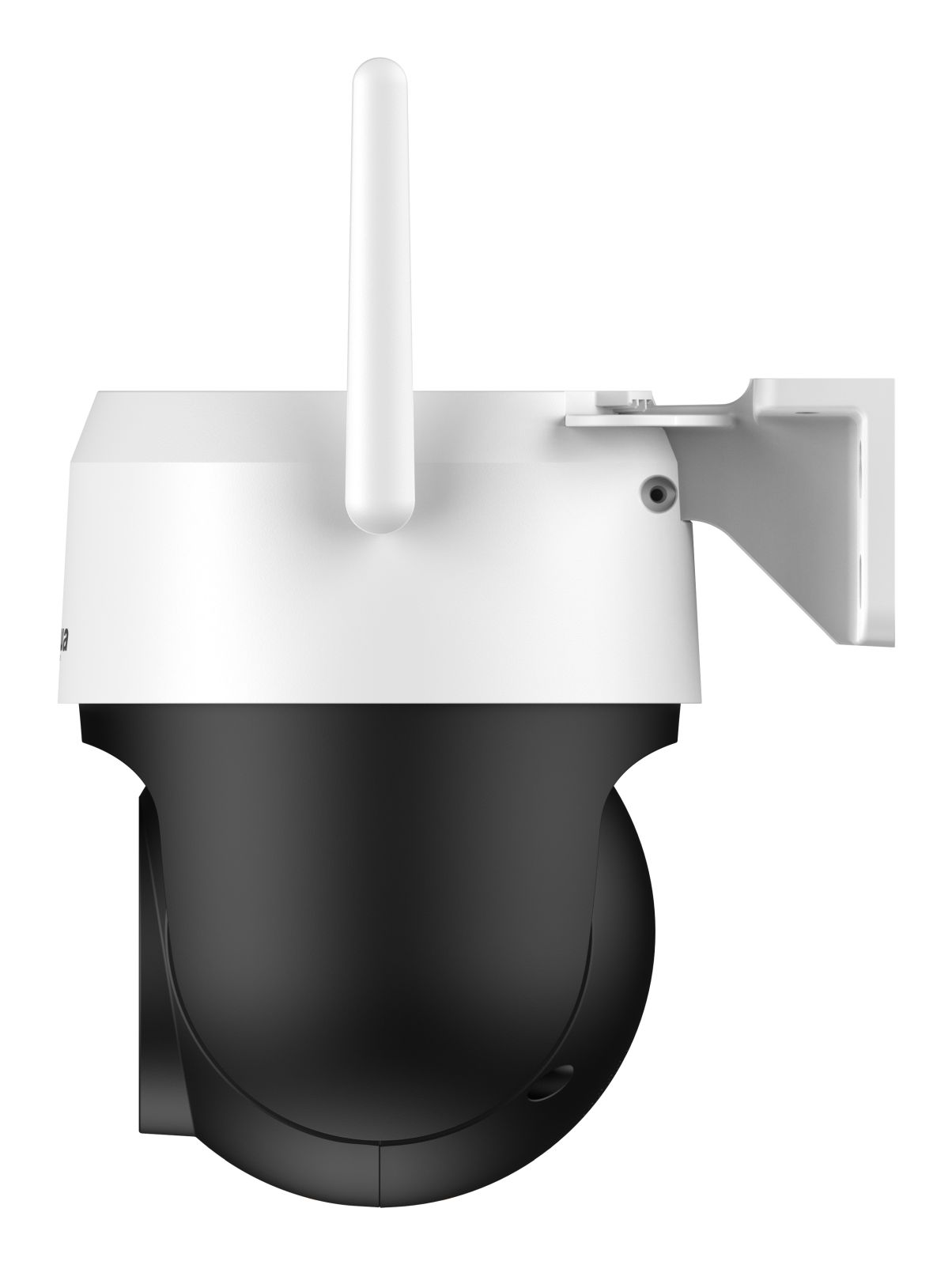Eine weiße und schwarze Überwachungskamera mit Antenne und Wandhalterung.