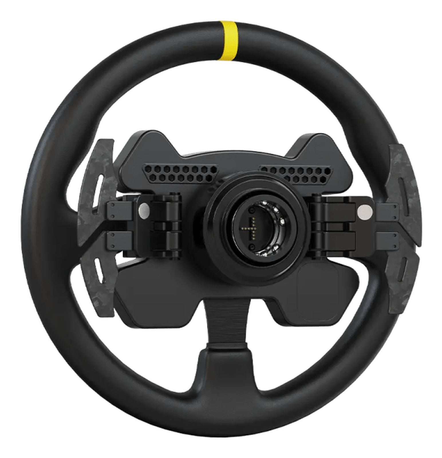 Un volant noir avec une bande jaune et des palettes.
