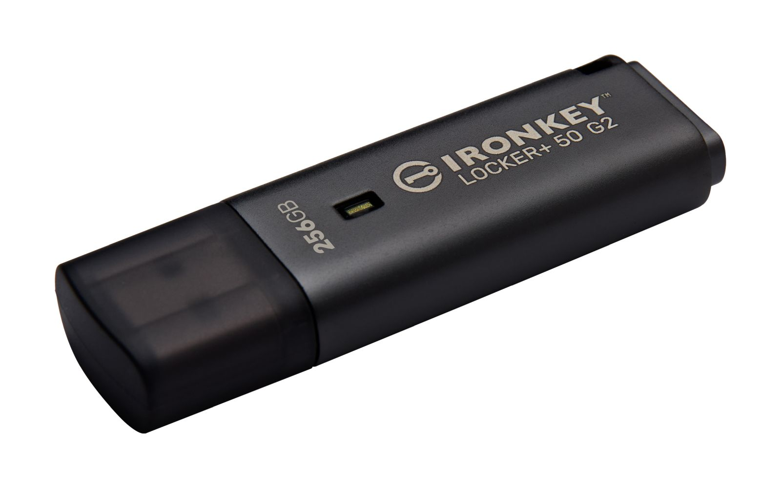 Pen drive USB IronKey Locker+ 50 G2 nera da 256 GB con cappuccio.