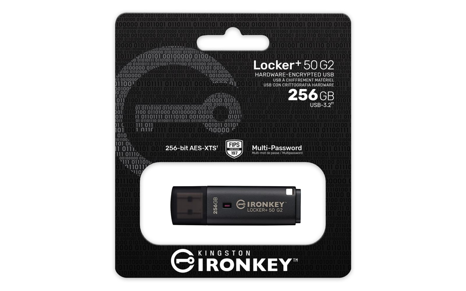 Una chiavetta USB IronKey Locker+ 50 G2 nera da 256 GB con crittografia.