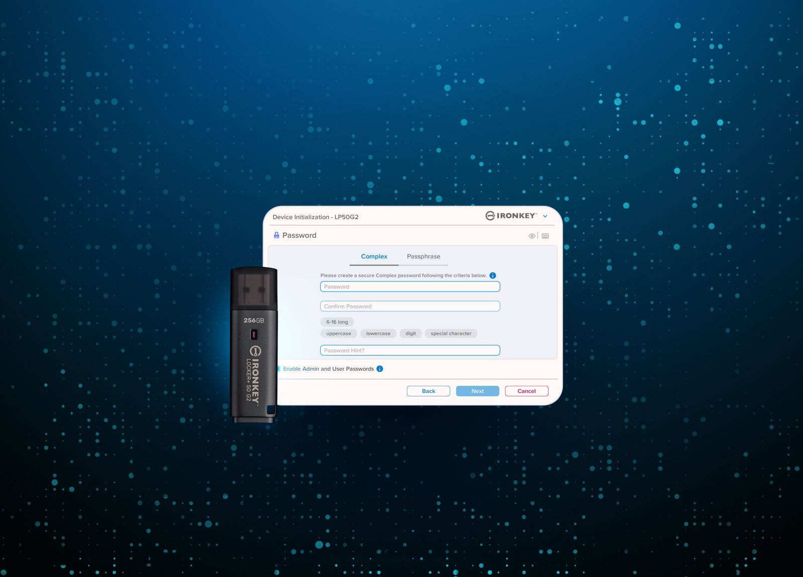 Un'unità USB IronKey da 256 GB su sfondo digitale blu.
