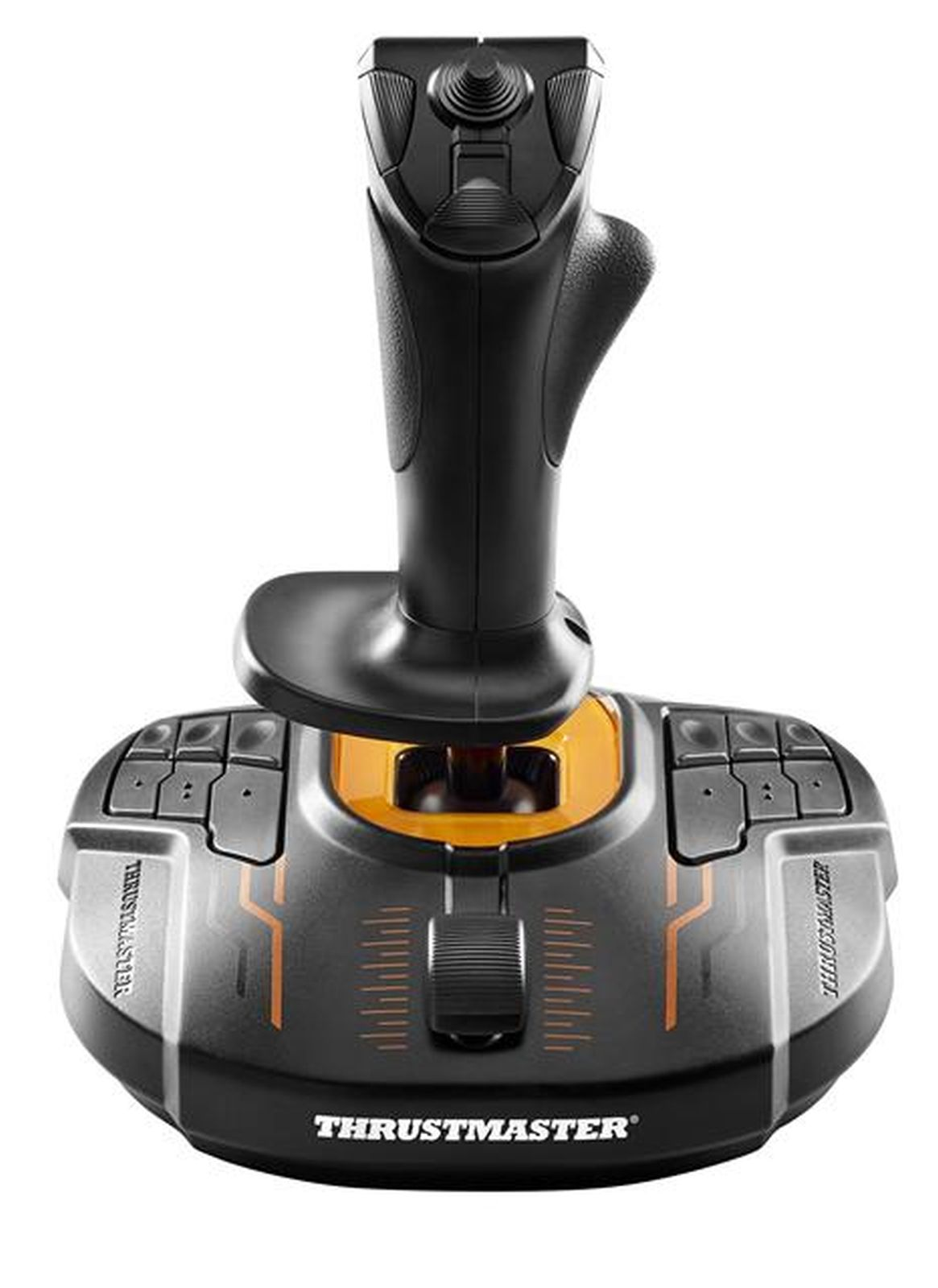 Black joystick with orange accents and buttons on a base.