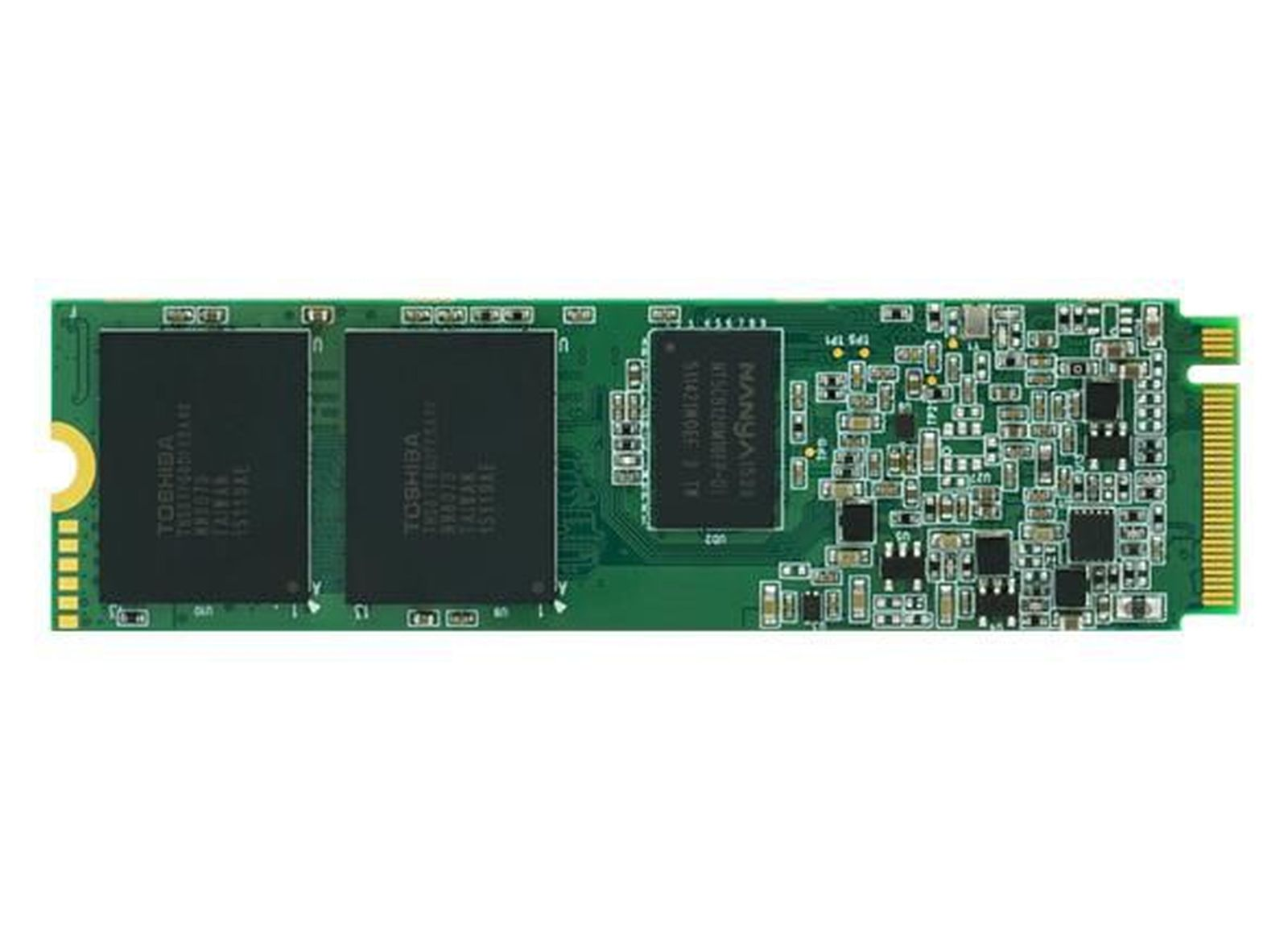 Una scheda madre verde per computer con due chip Toshiba neri e un chip Nanya.