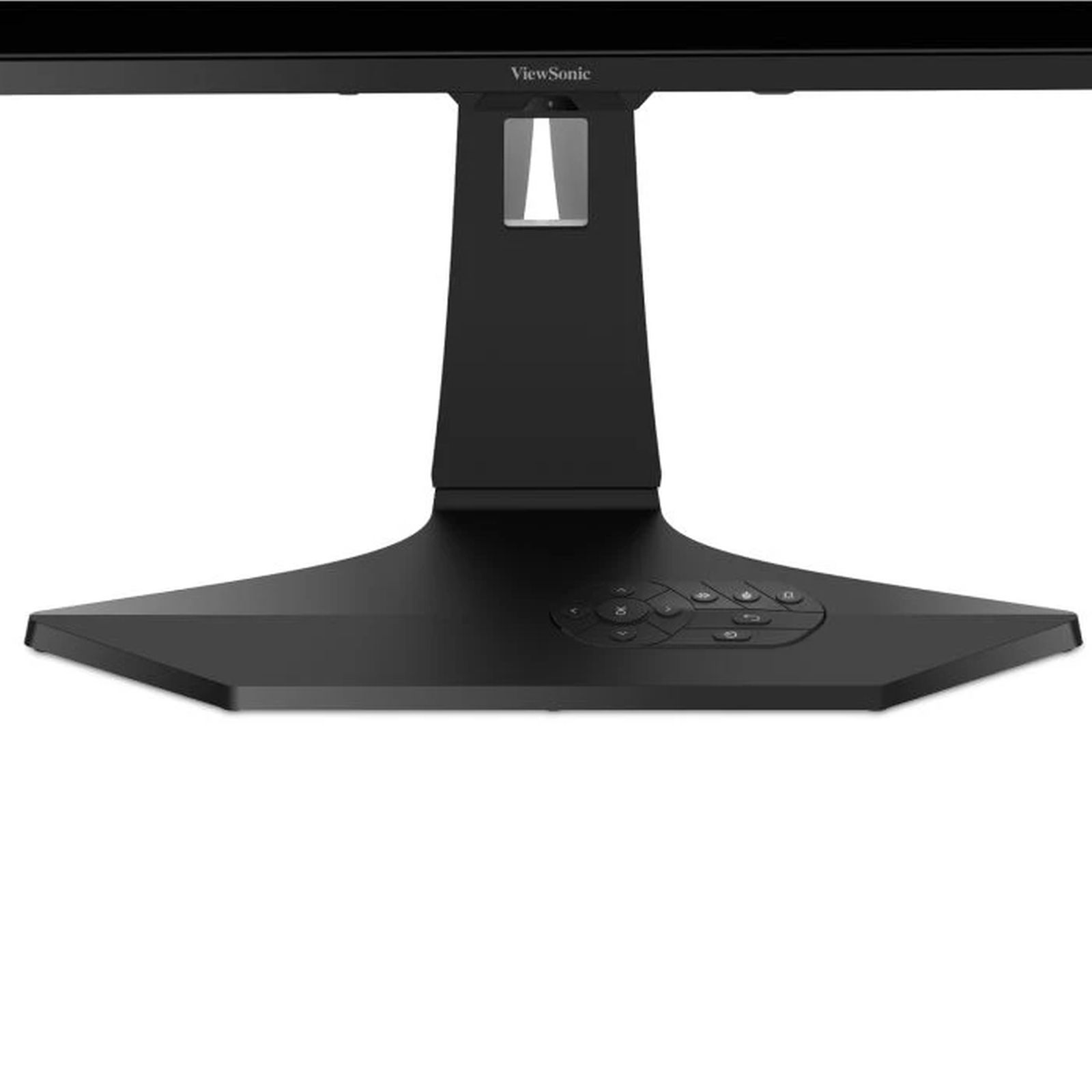 Czarny stojak monitora z panelem przycisków sterujących po prawej stronie.