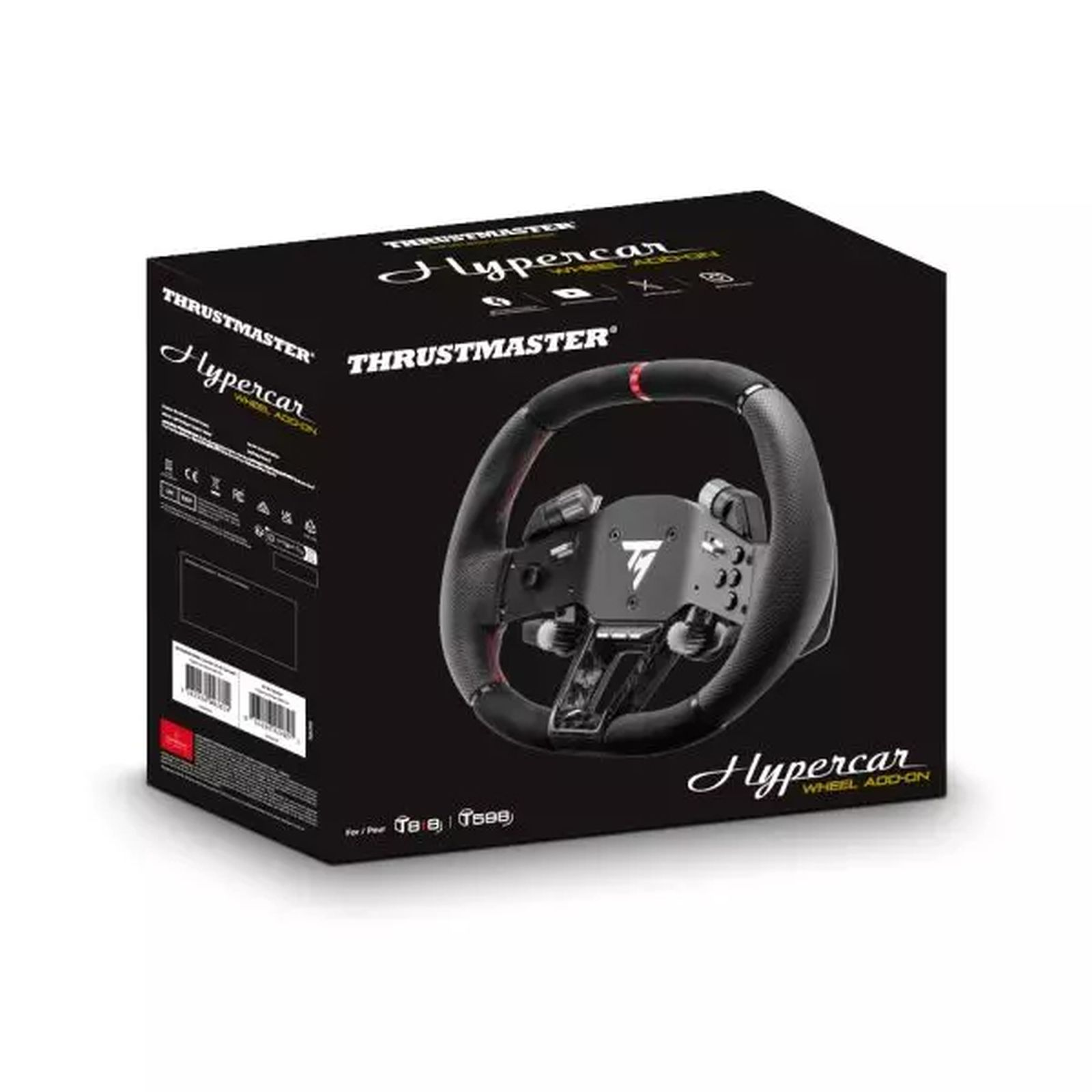 Boîte d'add-on de volant Thrustmaster Hypercar avec volant noir et accents rouges.