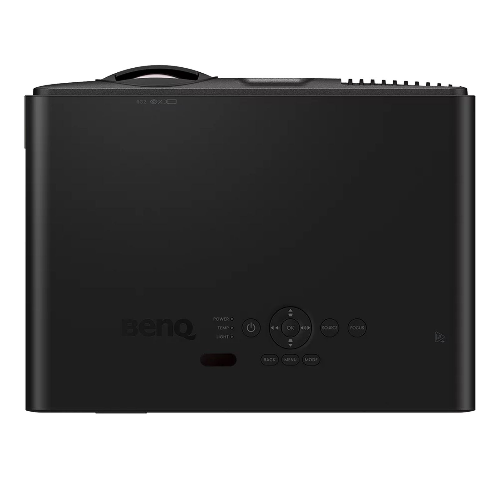 Schwarzer BenQ-Projektor mit Bedienelementen und Statusanzeigen auf der Oberseite.