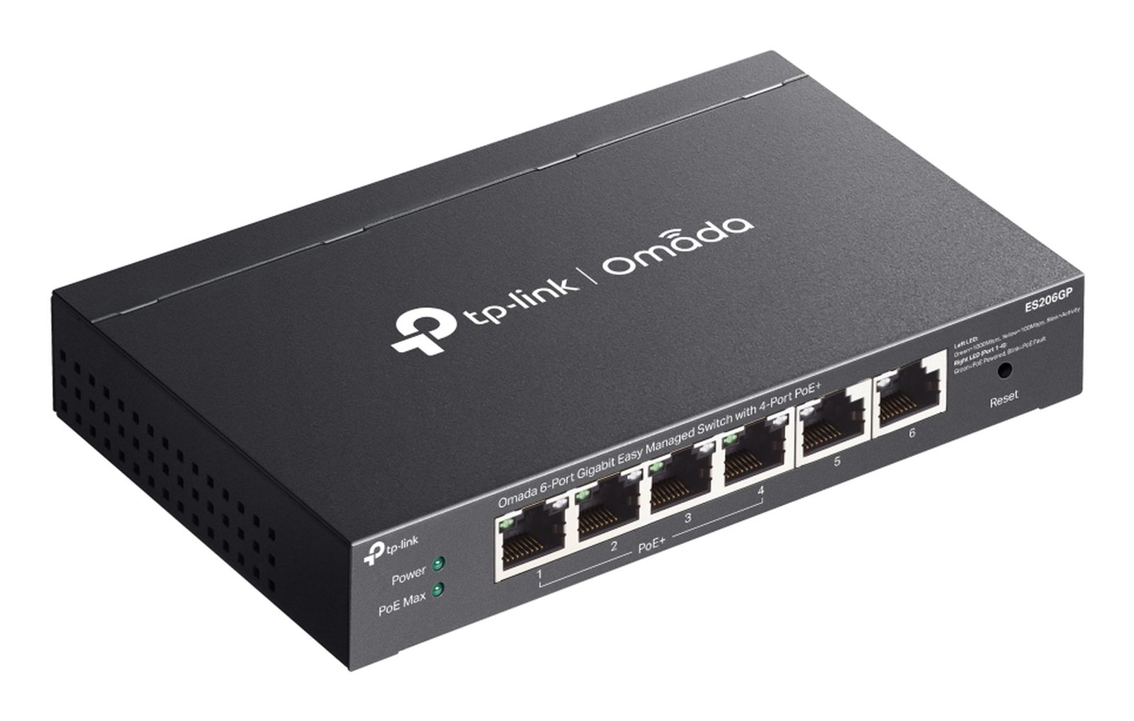 Black TP-Link Omada 6-Port Gigabit Switch with 4 PoE+ ports and reset button.