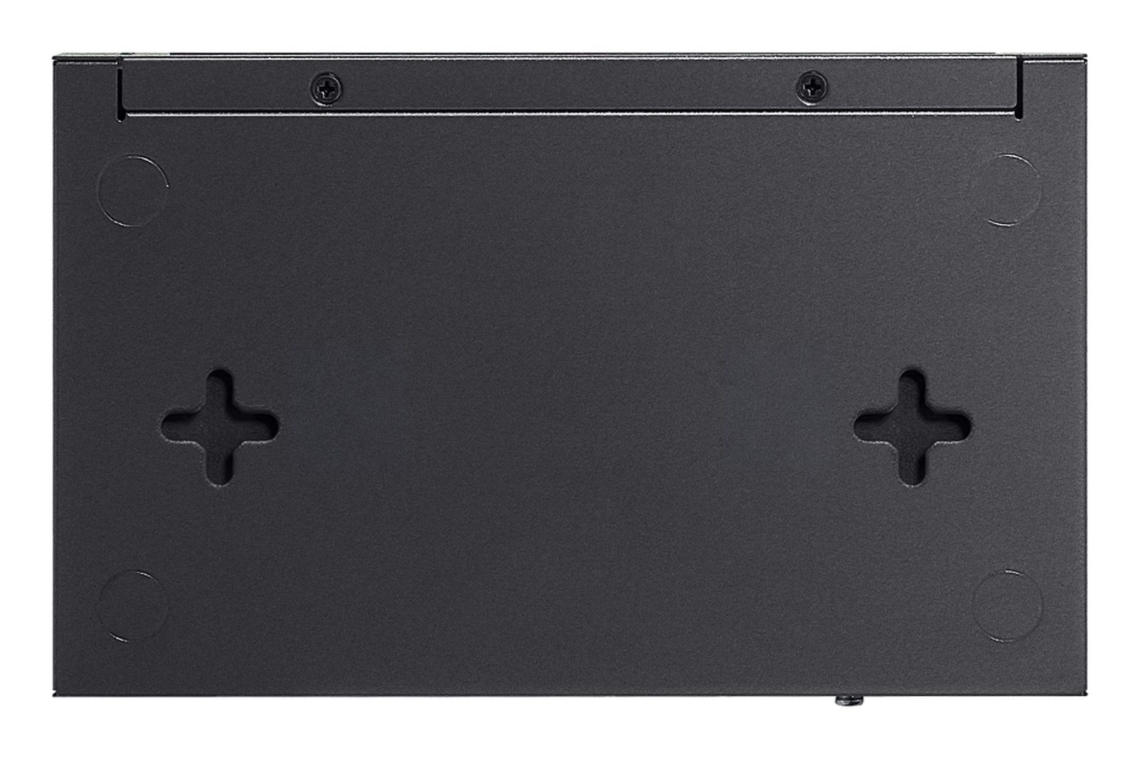 Black metal casing with screws and mounting holes.