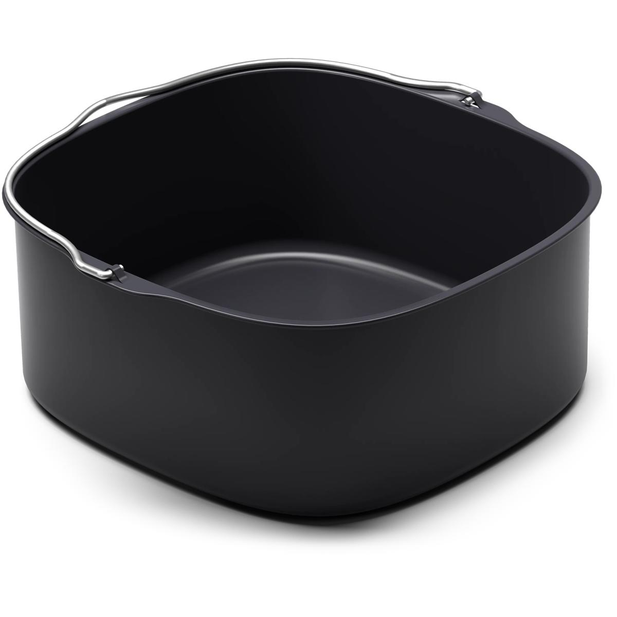 A black air fryer basket with silver handles, set against a white background.