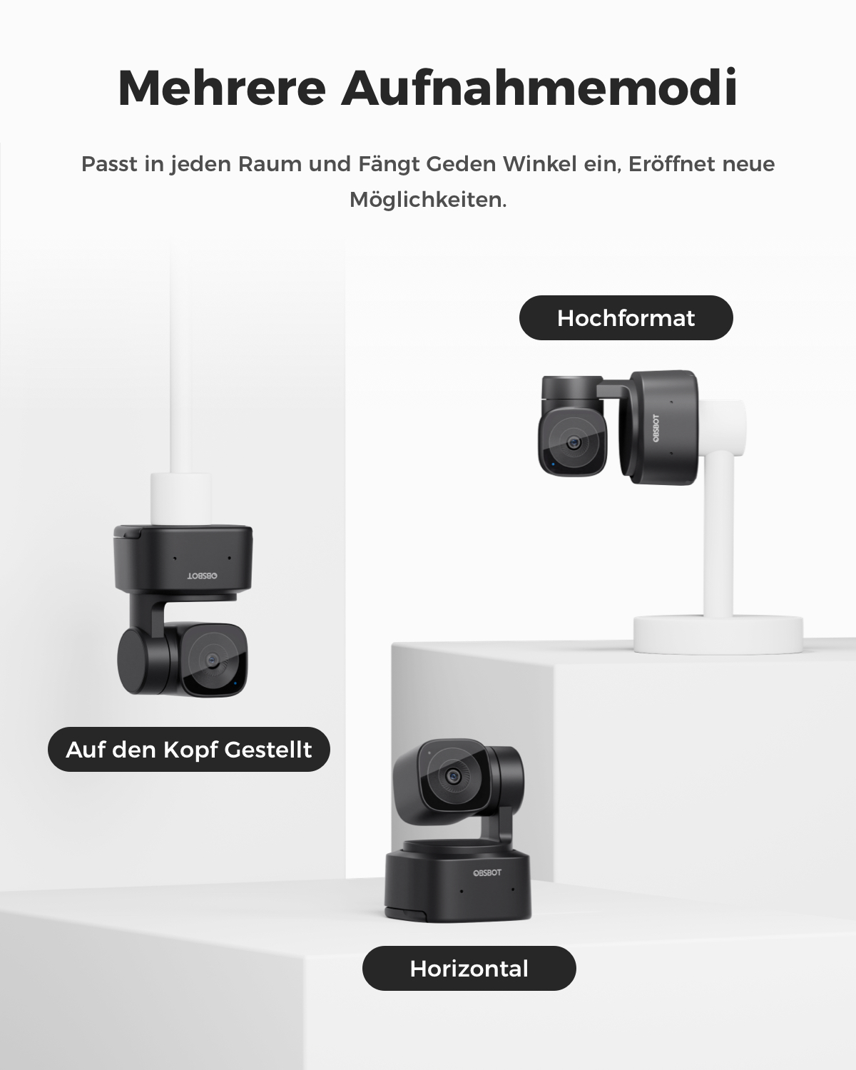 Drei Aufnahmemodi: Kopfstehend, Hochformat und Horizontal.