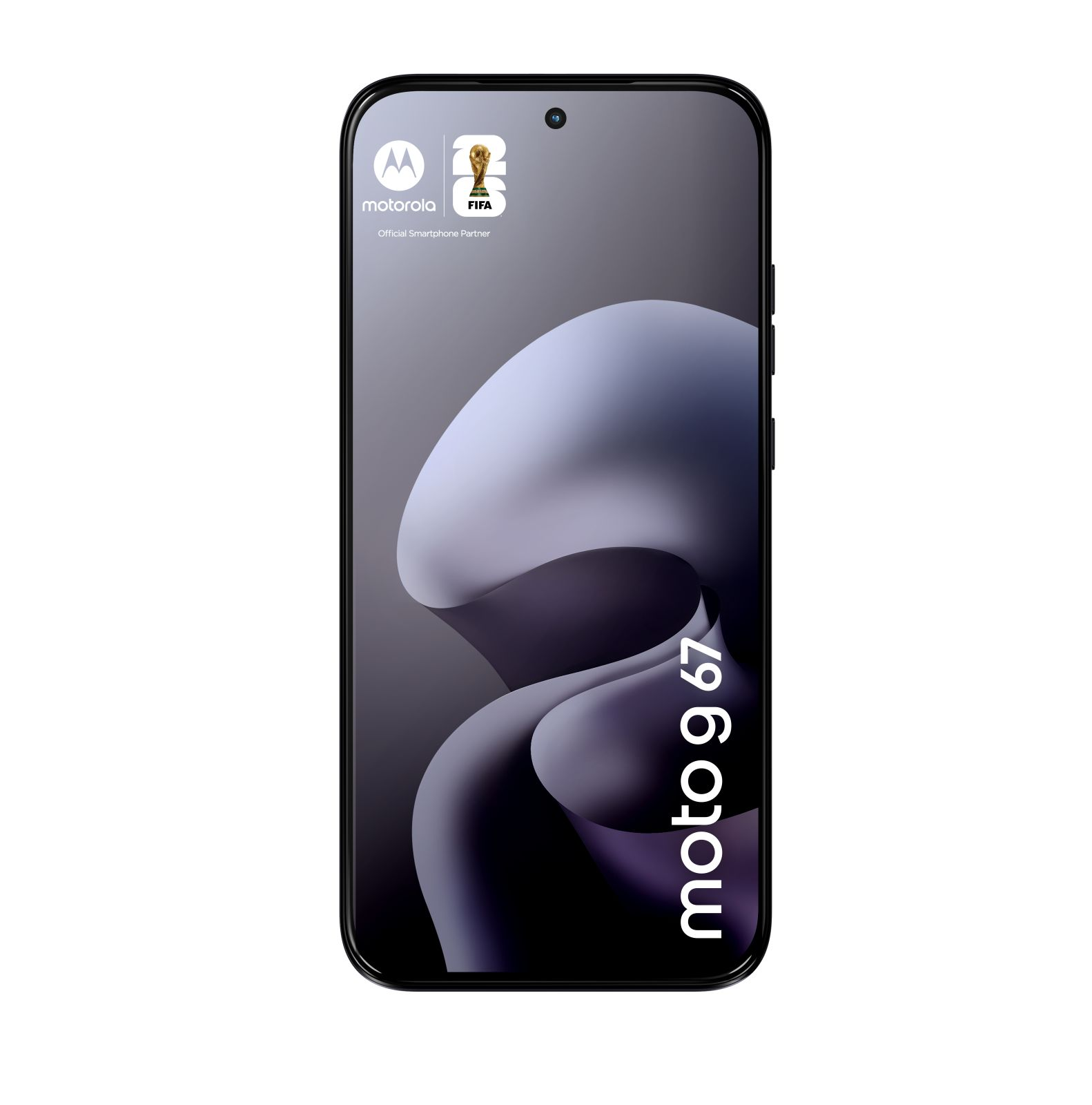Uno smartphone Motorola mostra il testo "Moto 9 67" e il logo FIFA.