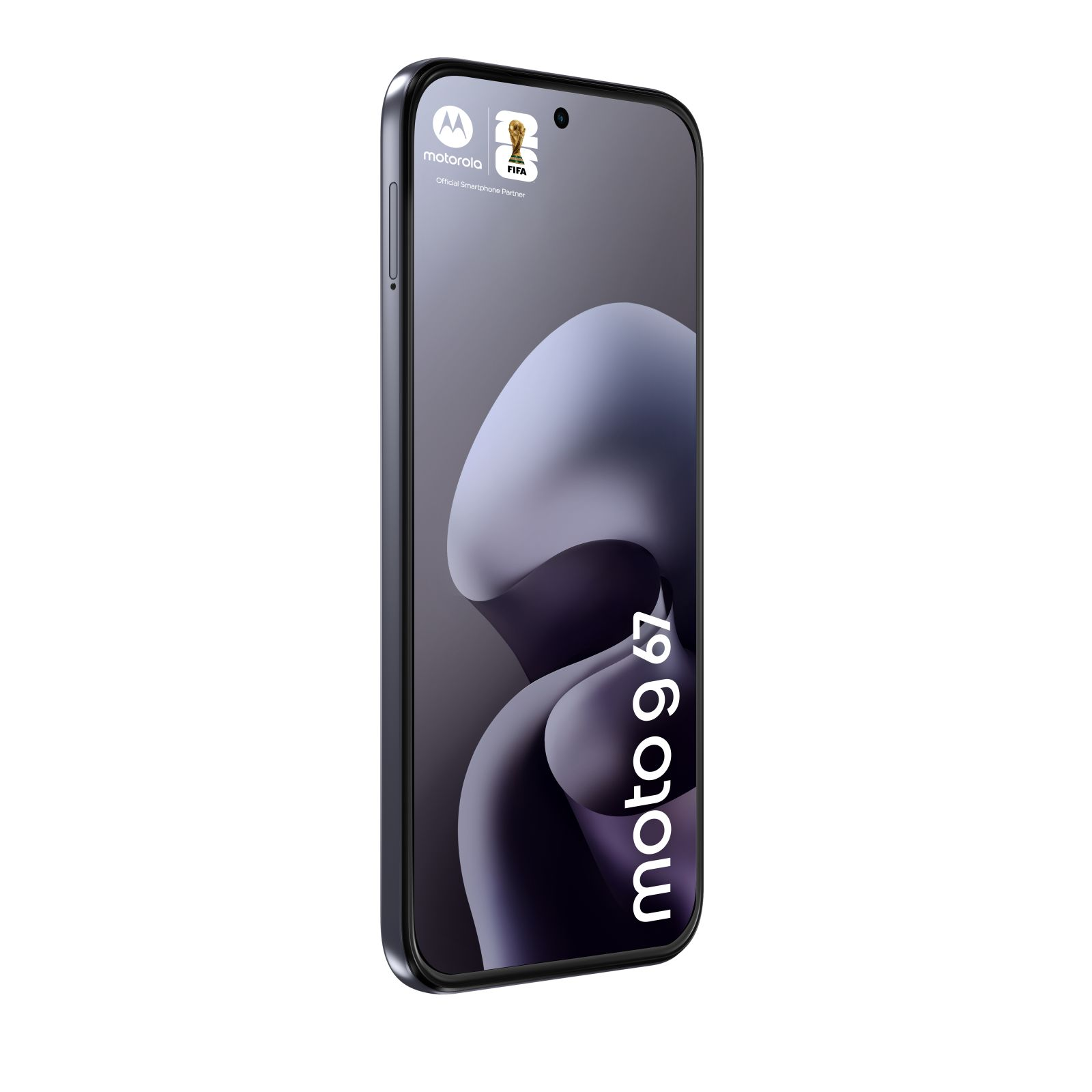 Smartphone Motorola grigio scuro con logo FIFA e testo "moto g 67".
