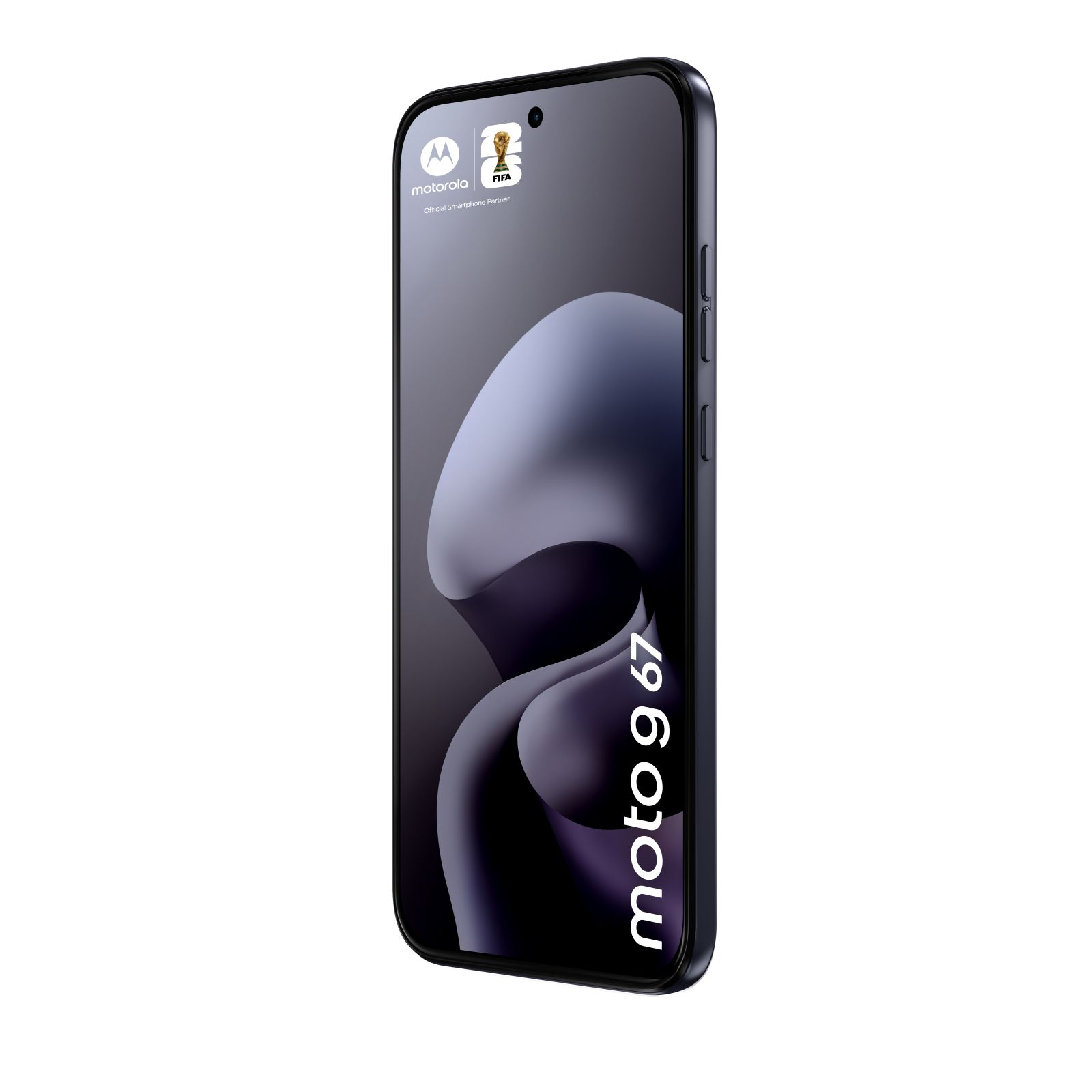 Uno smartphone Motorola moto g 67 con logo FIFA e grafica astratta sullo schermo.