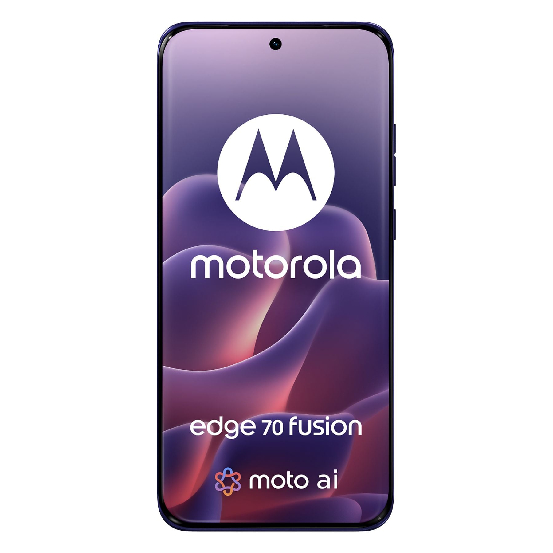 Ein Motorola Edge 70 Fusion Smartphone mit Motorola-Logo und Moto AI-Symbol.